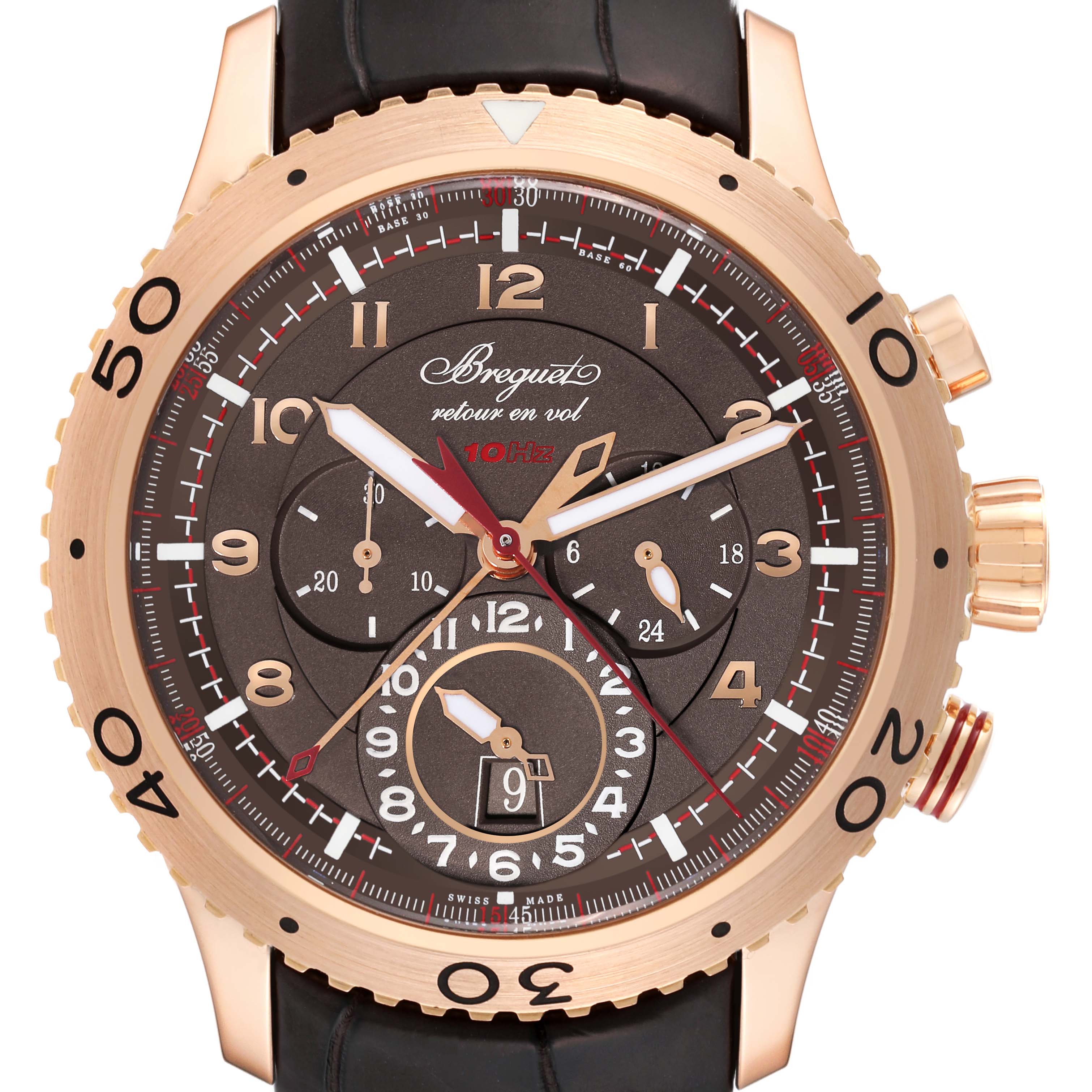 This image shows a frontal view of a Breguet Type XX - XXI - XXII 3880BR/Z2/9XV Men's Rose Gold Brown Dial 3880BR/Z2/9XV Men's Rose Gold Brown Dial watch, detailing the dial, bezel, and crown.