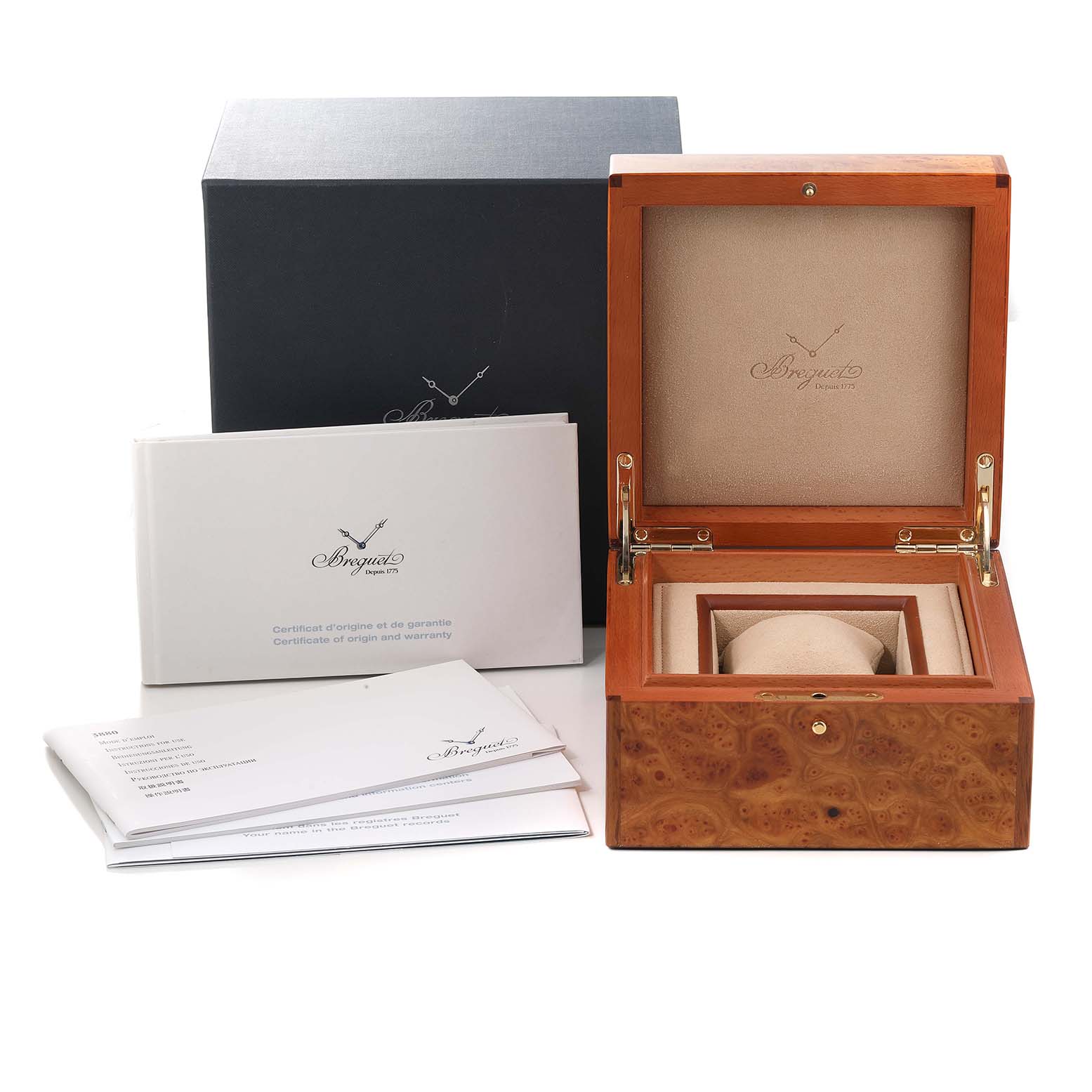 The image shows the packaging and accessories for the Breguet Type XX - XXI - XXII 3880BR/Z2/9XV Men's Rose Gold Brown Dial 3880BR/Z2/9XV Men's Rose Gold Brown Dial watch, including a wooden box, manuals, and outer box.