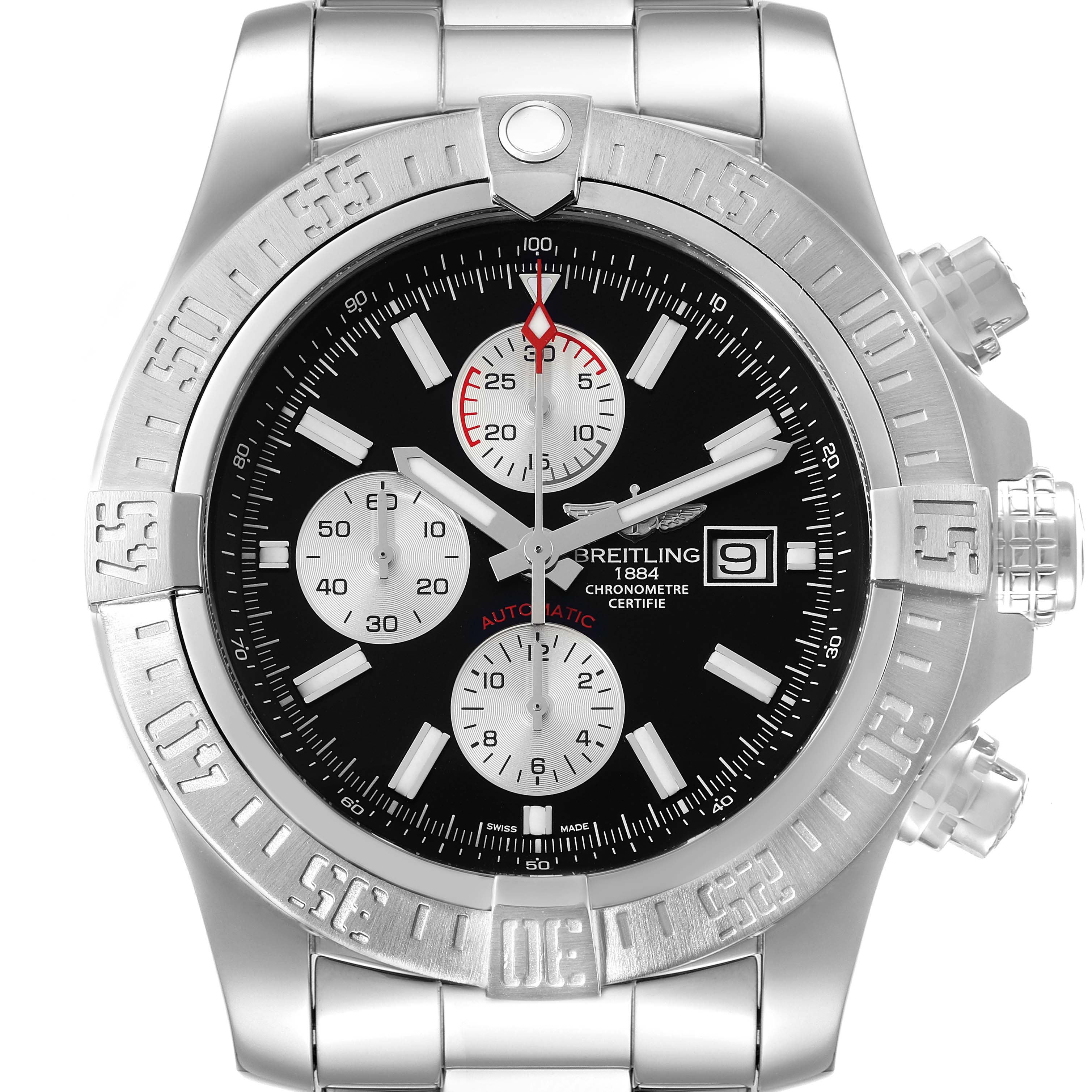 The image shows a Breitling Avenger A1337111/BC29 Men's Stainless Steel Black Dial A1337111/BC29 Men's Stainless Steel Black Dial watch face with a black dial, chronograph subdials, and a stainless steel bracelet.