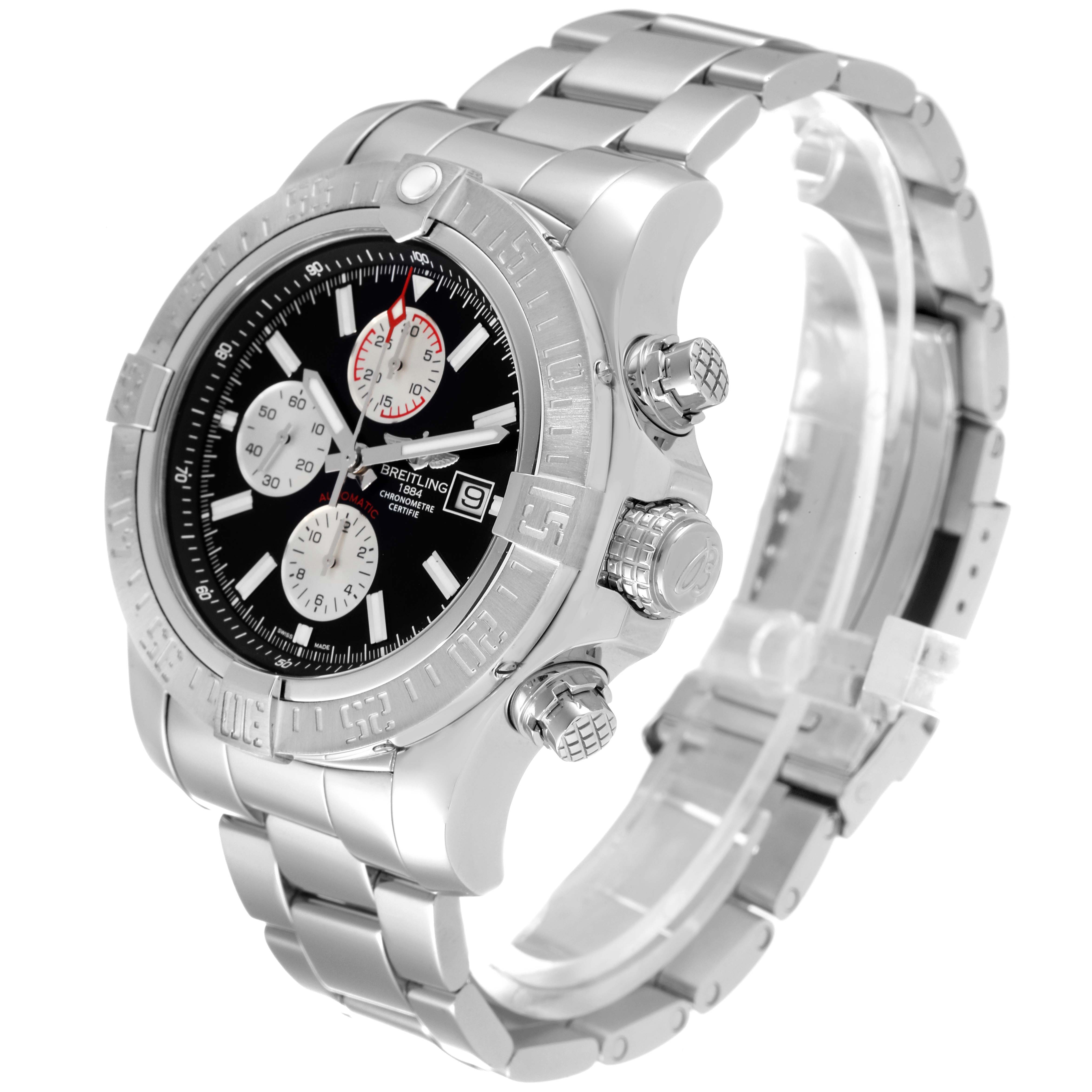 The image shows a Breitling Avenger A1337111/BC29 Men's Stainless Steel Black Dial A1337111/BC29 Men's Stainless Steel Black Dial watch at a three-quarter angle, highlighting the face, crown, and bracelet.