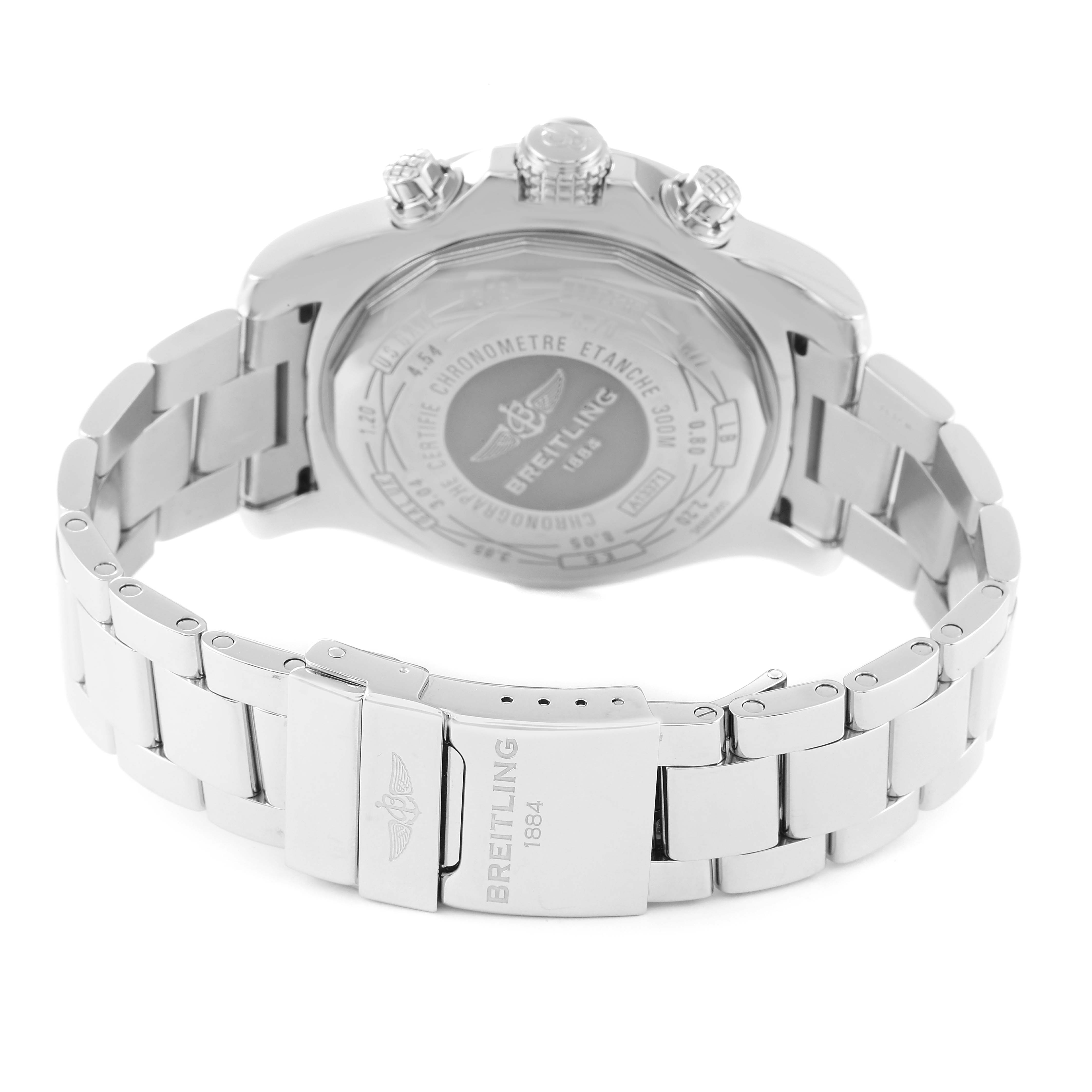 The image shows the back and bracelet clasp of a Breitling Avenger A1337111/BC29 Men's Stainless Steel Black Dial A1337111/BC29 Men's Stainless Steel Black Dial watch, highlighting the case back details and stainless steel band.