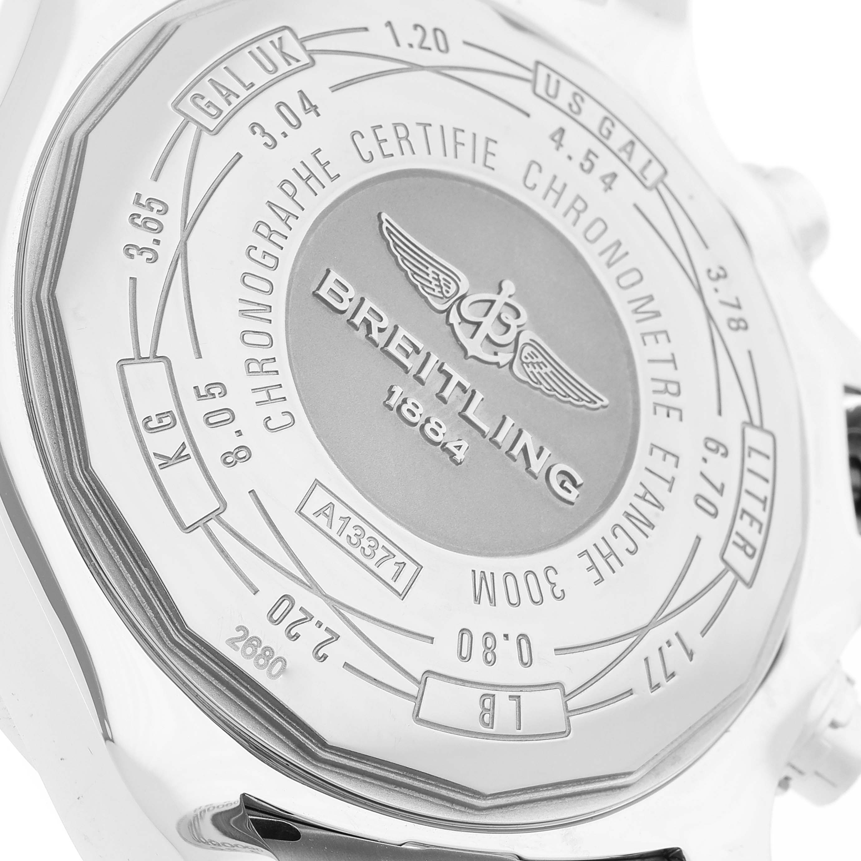 The image shows the back case of a Breitling Avenger A1337111/BC29 Men's Stainless Steel Black Dial A1337111/BC29 Men's Stainless Steel Black Dial watch, displaying engravings and specifications.