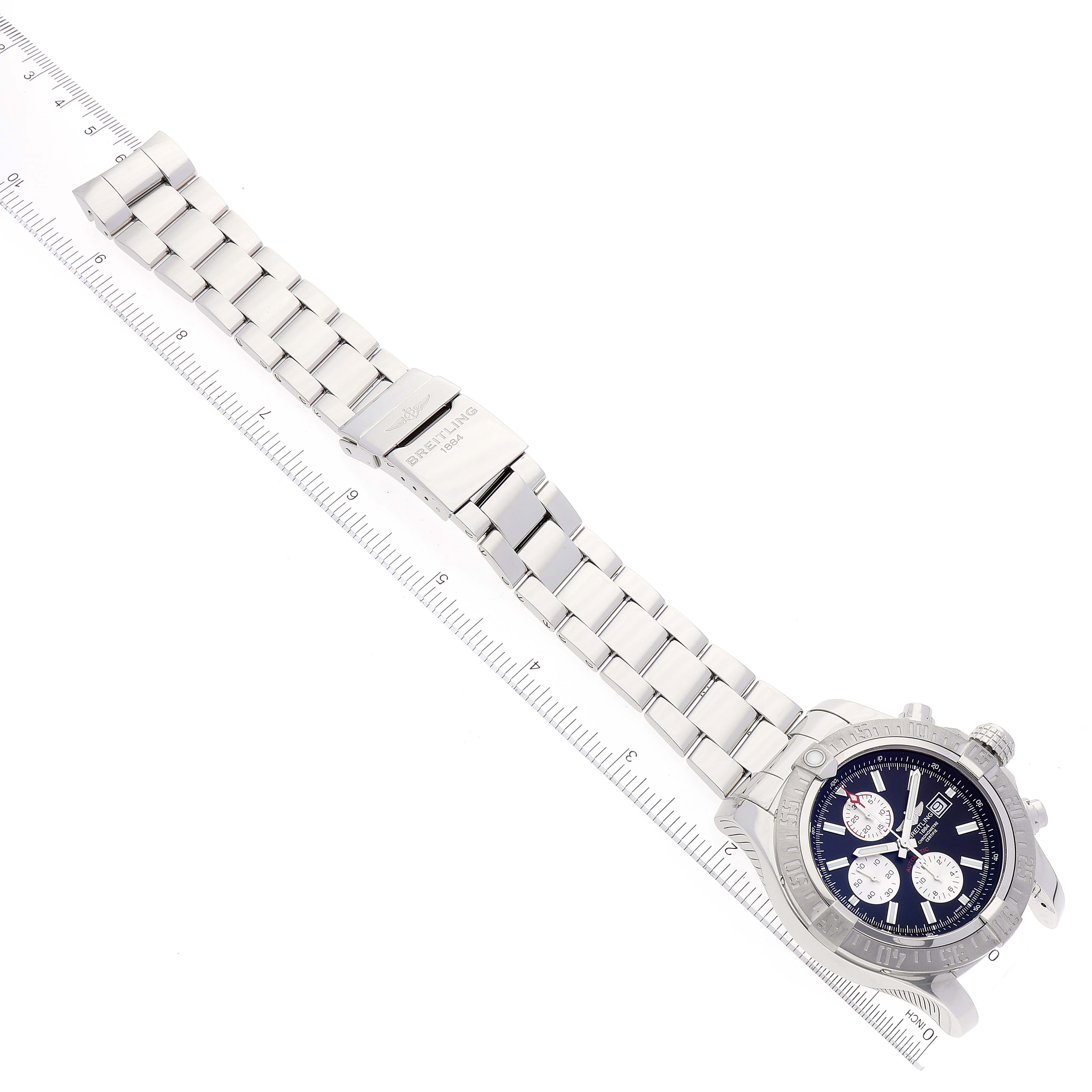 The Breitling Avenger A1337111/BC29 Men's Stainless Steel Black Dial A1337111/BC29 Men's Stainless Steel Black Dial watch is shown from a top-down angle, displaying its full bracelet, clasp, case, and dial.