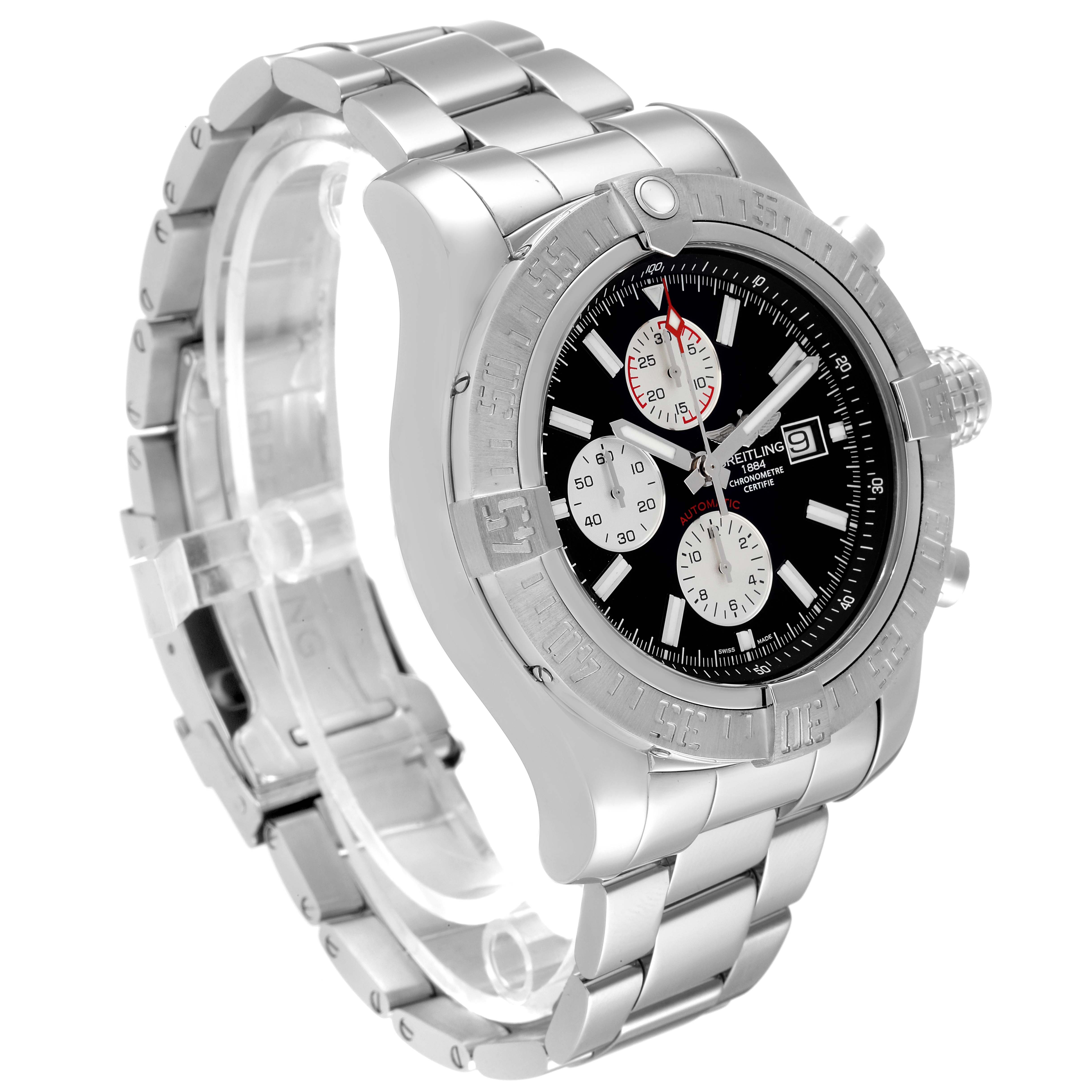 The Breitling Avenger A1337111/BC29 Men's Stainless Steel Black Dial A1337111/BC29 Men's Stainless Steel Black Dial watch is shown at a three-quarter angle, displaying the face, bezel, crown, and part of the bracelet.