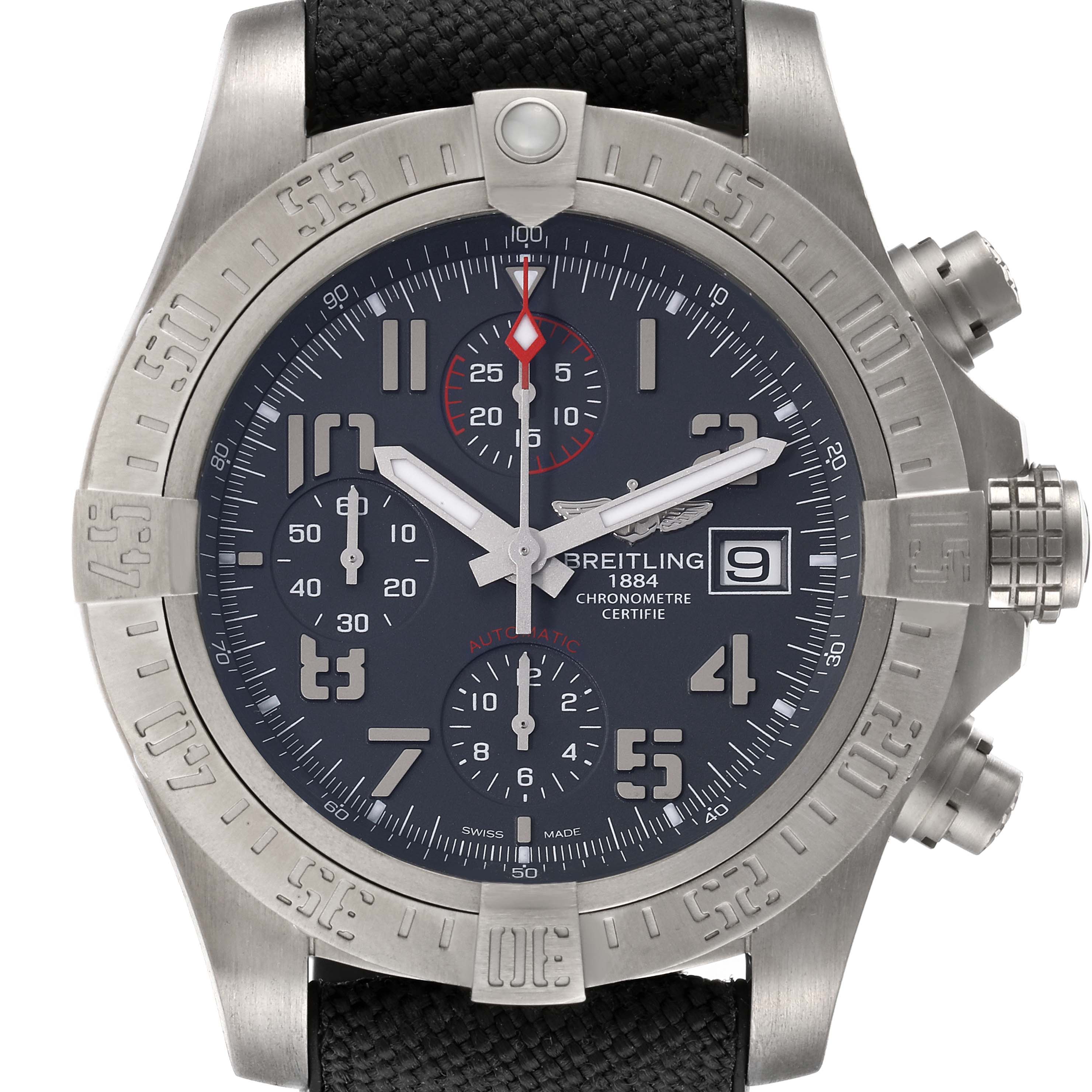 The Breitling Avenger E13383 Men's Titanium Grey Dial E13383 Men's Titanium Grey Dial watch is shown from the front, displaying its dial, bezel, hour markers, and chronograph subdials.
