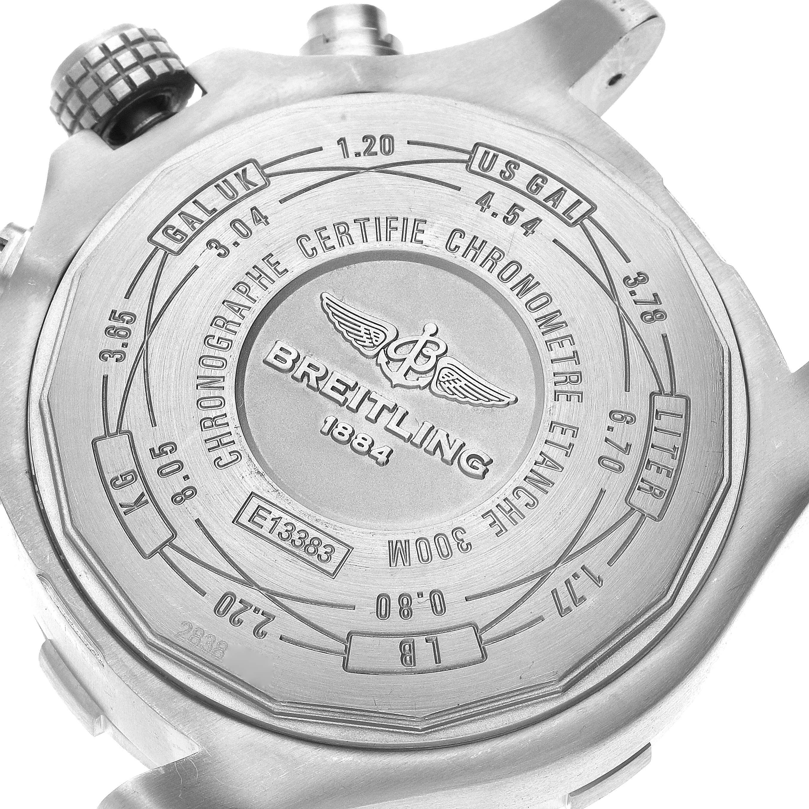 The image shows the back case of a Breitling Avenger E13383 Men's Titanium Grey Dial E13383 Men's Titanium Grey Dial watch, displaying various engravings and markings.
