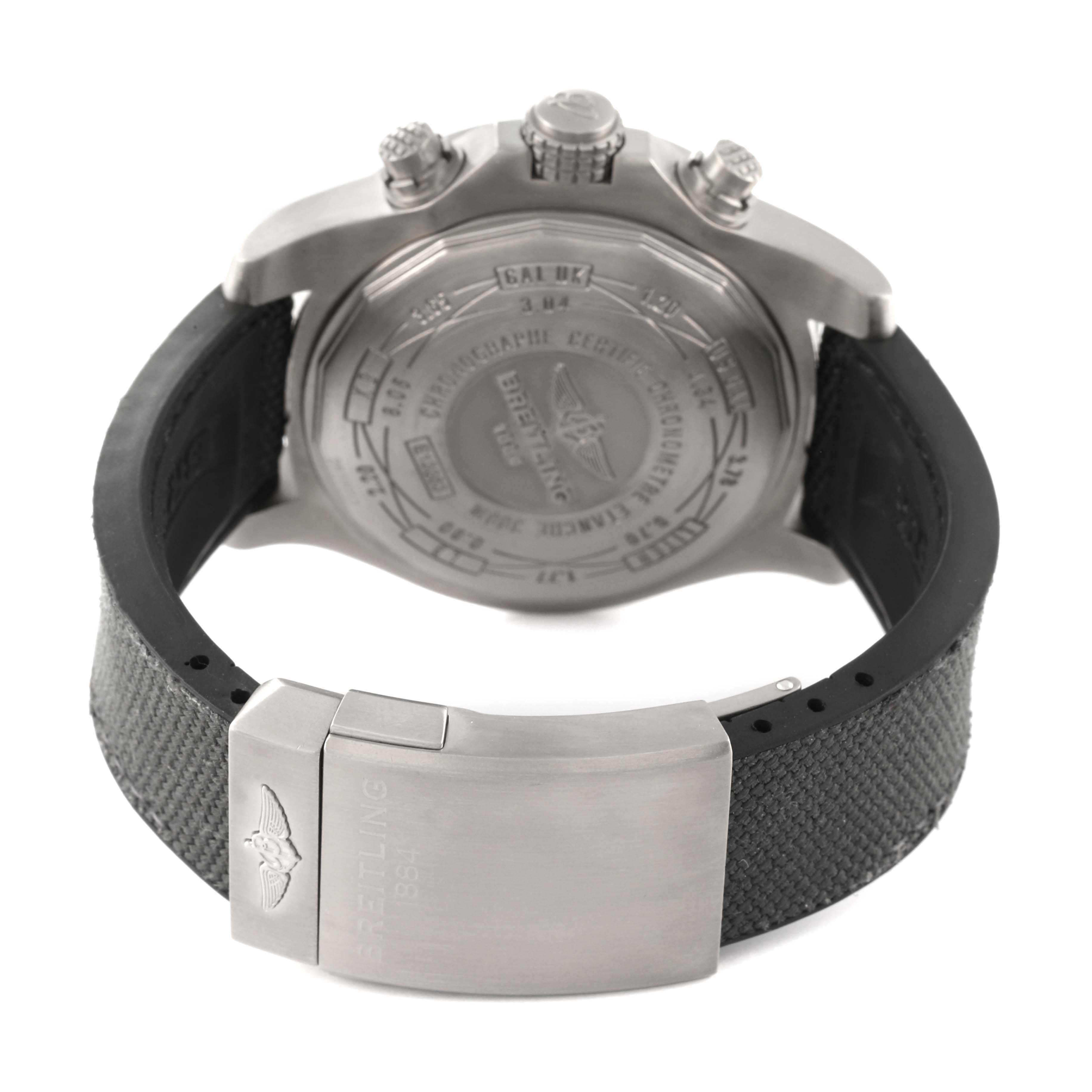 This image shows the back case and clasp of the Breitling Avenger E13383 Men's Titanium Grey Dial E13383 Men's Titanium Grey Dial watch, highlighting the engraved details and strap.