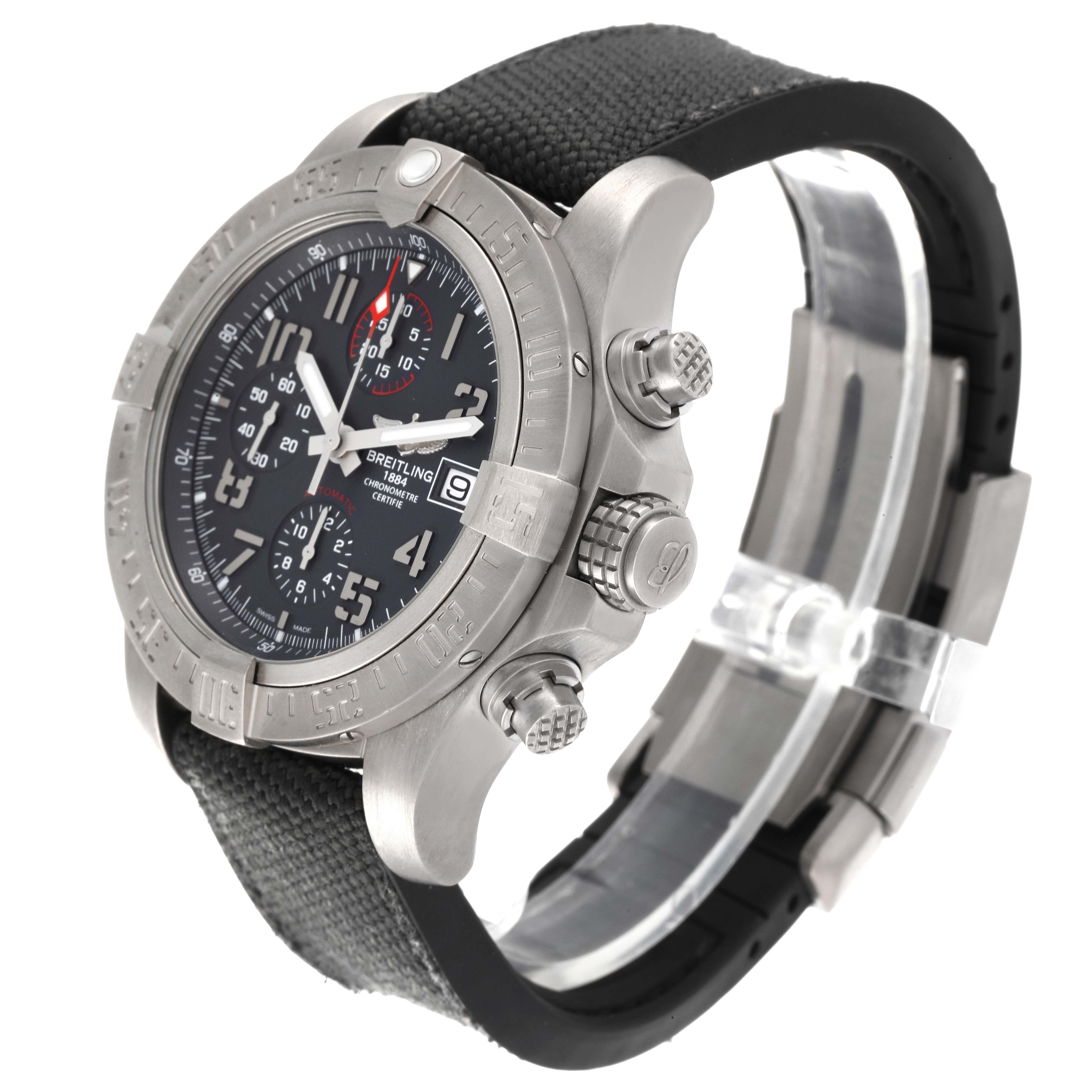This Breitling Avenger E13383 Men's Titanium Grey Dial E13383 Men's Titanium Grey Dial watch is shown at a three-quarter angle highlighting the bezel, chronograph dials, and strap.