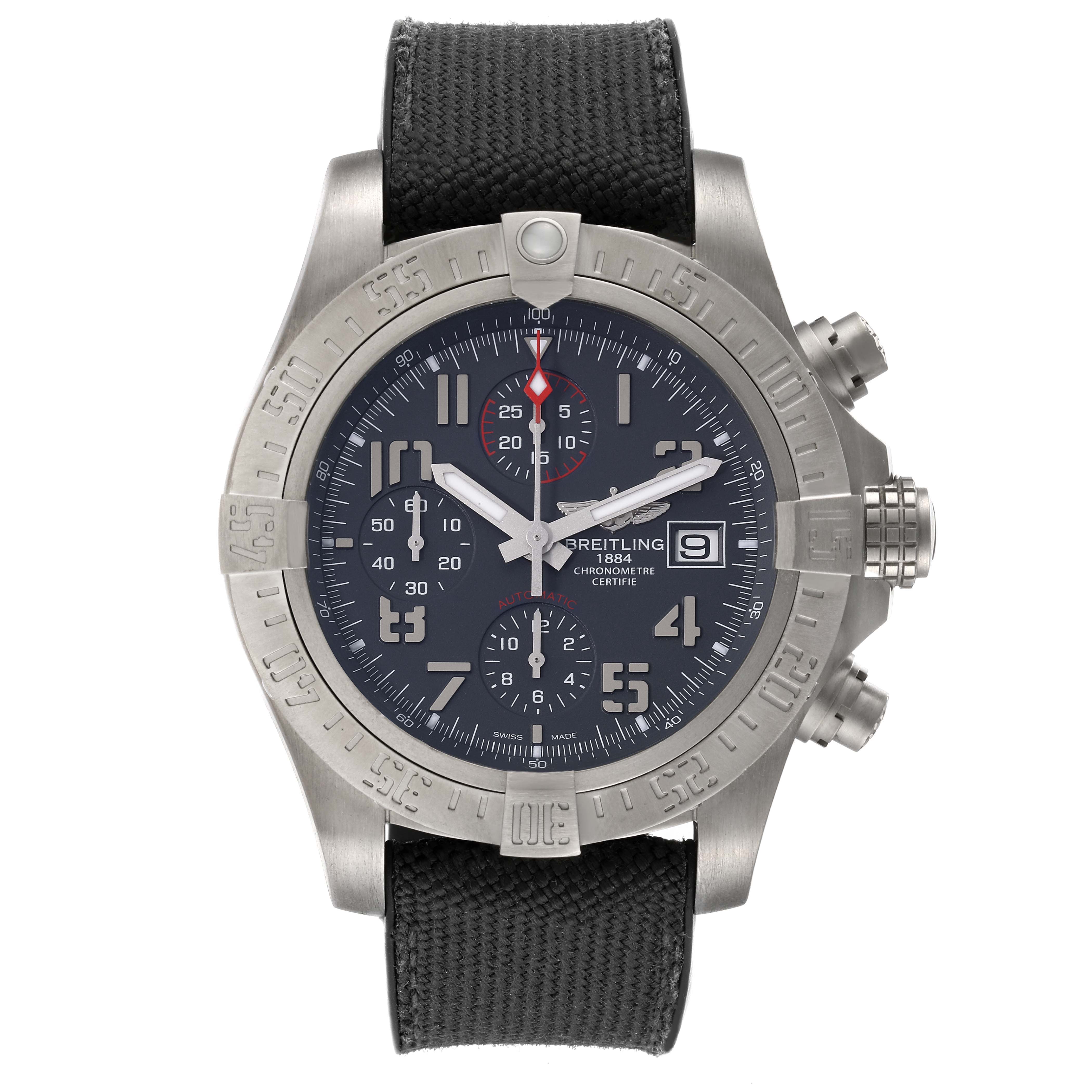 The image shows a front view of a Breitling Avenger E13383 Men's Titanium Grey Dial E13383 Men's Titanium Grey Dial watch, displaying the dial, bezel, and crown.