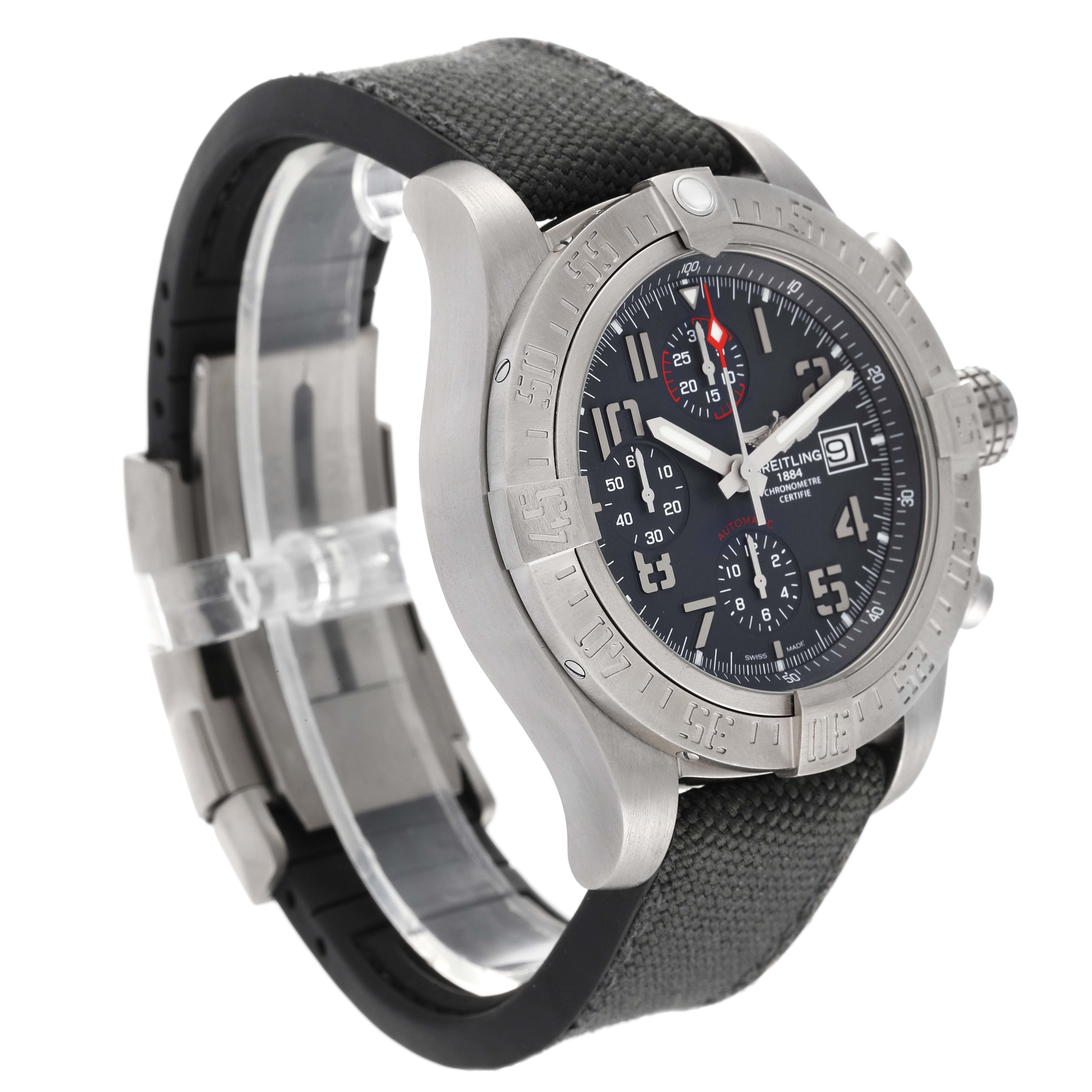 The image shows a Breitling Avenger E13383 Men's Titanium Grey Dial E13383 Men's Titanium Grey Dial watch at a three-quarter angle, highlighting the bezel, dial, and strap.