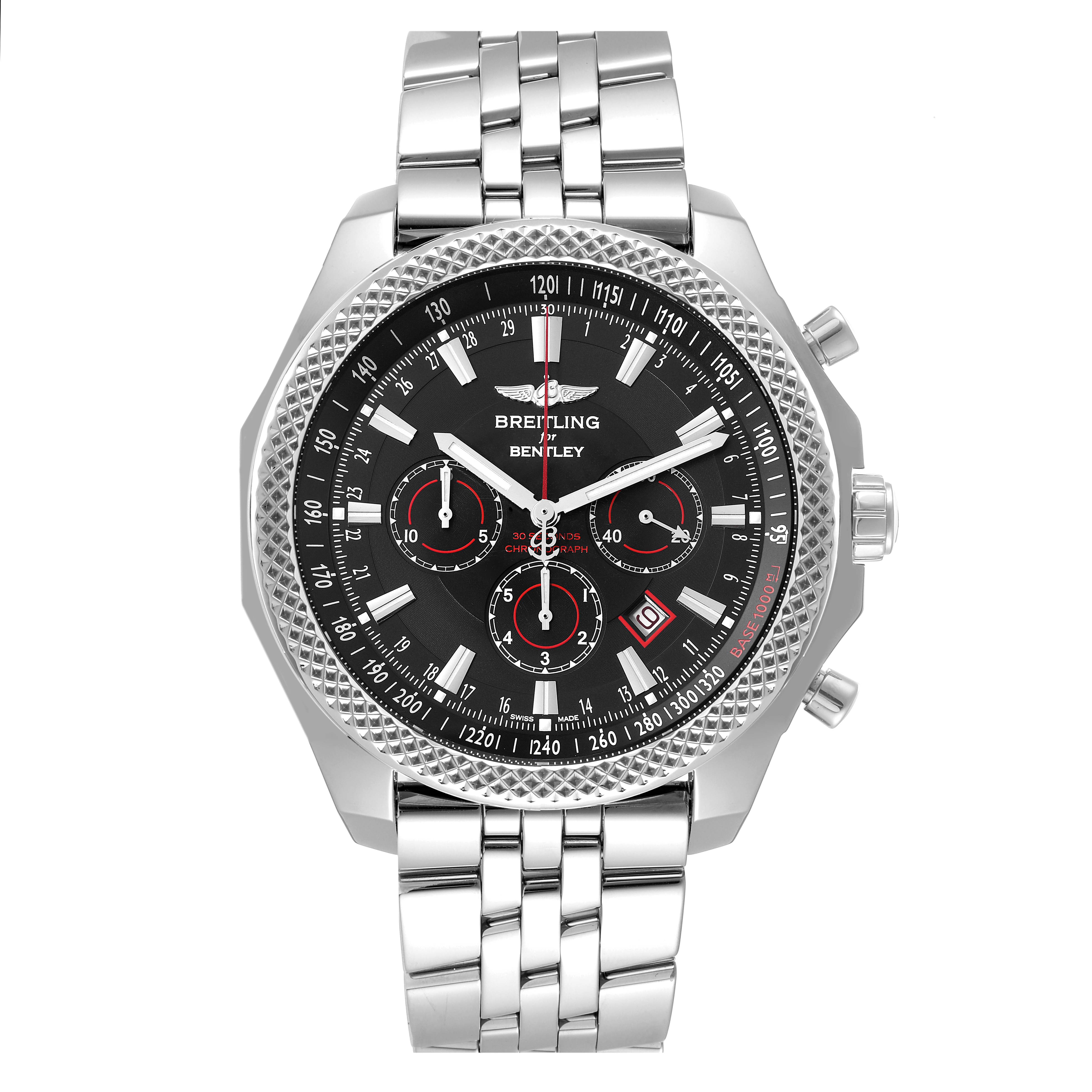 The image shows the front view of a Breitling Bentley A25368 Men's Stainless Steel Black Dial A25368 Men's Stainless Steel Black Dial watch, displaying the dial, bezel, pushers, and bracelet.