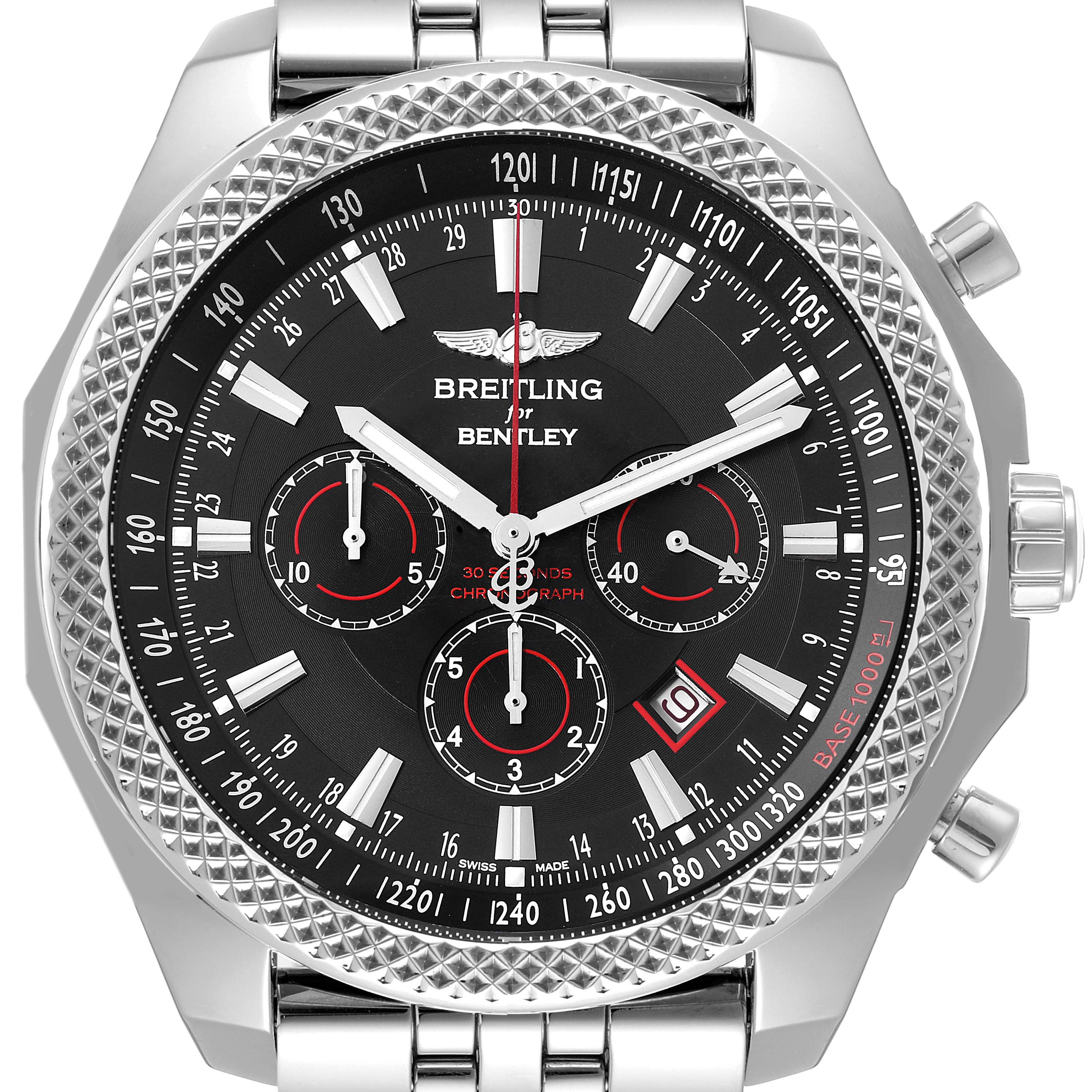 The Bentley model by Breitling is shown from a front angle, displaying the watch face, bezel, and parts of the bracelet.