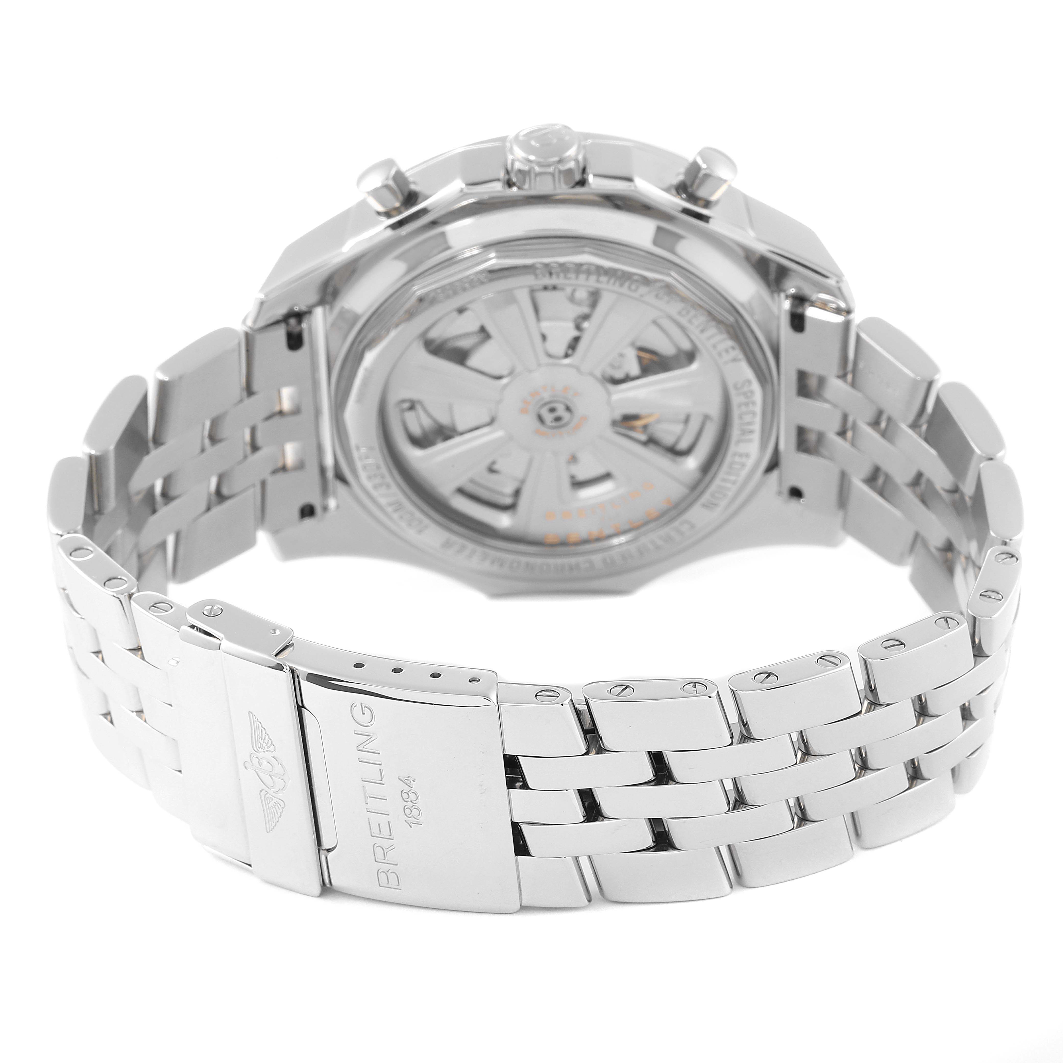 The image shows the back and bracelet of a Breitling Bentley A25368 Men's Stainless Steel Black Dial A25368 Men's Stainless Steel Black Dial watch, highlighting its transparent caseback and metal links.