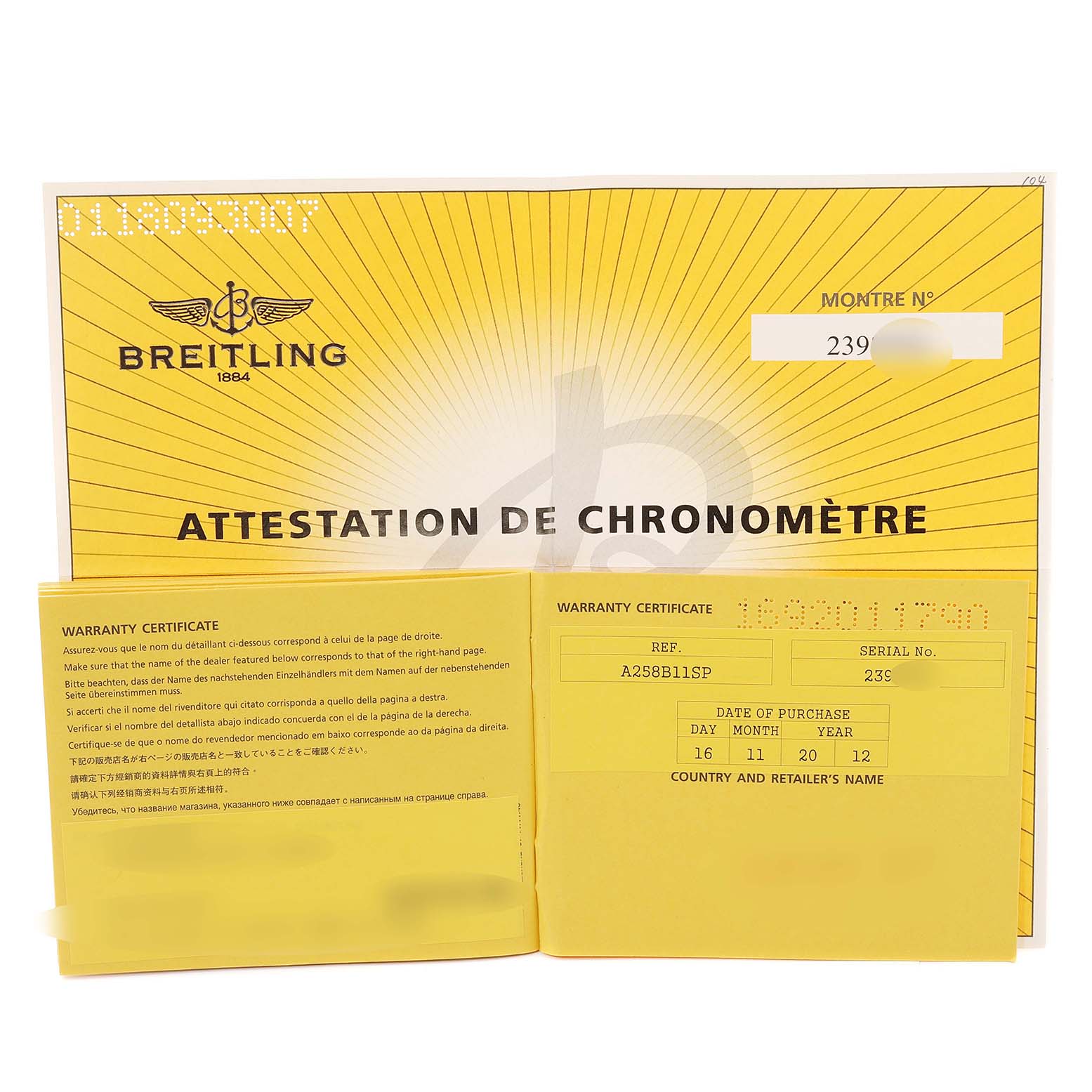 The image shows the warranty certificate and chronometer attestation document for a Breitling Bentley A25368 Men's Stainless Steel Black Dial A25368 Men's Stainless Steel Black Dial model watch.