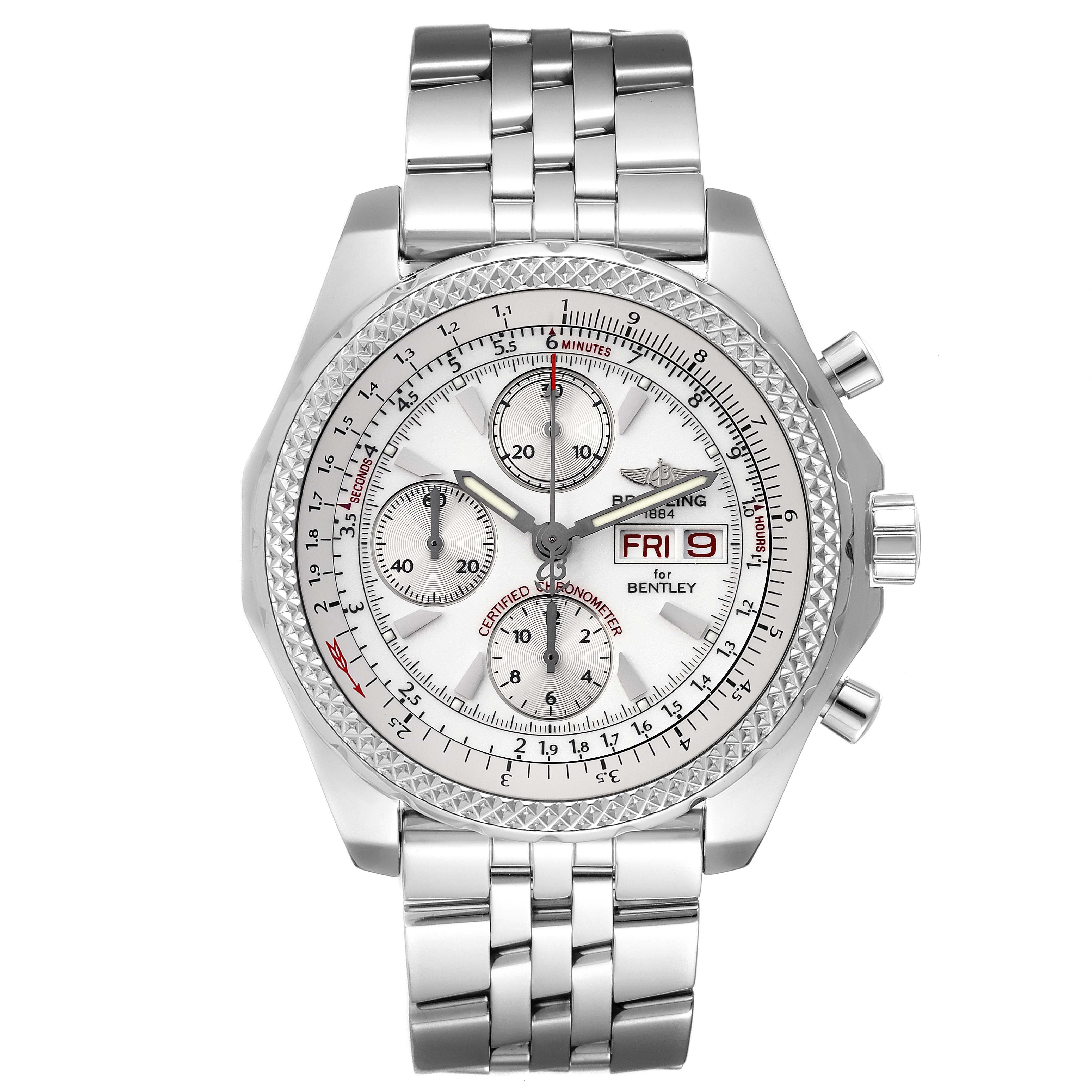 The image shows the front angle of the Breitling Bentley A13362 Men's Stainless Steel White Dial A13362 Men's Stainless Steel White Dial watch, highlighting its face, subdials, bezel, and bracelet.