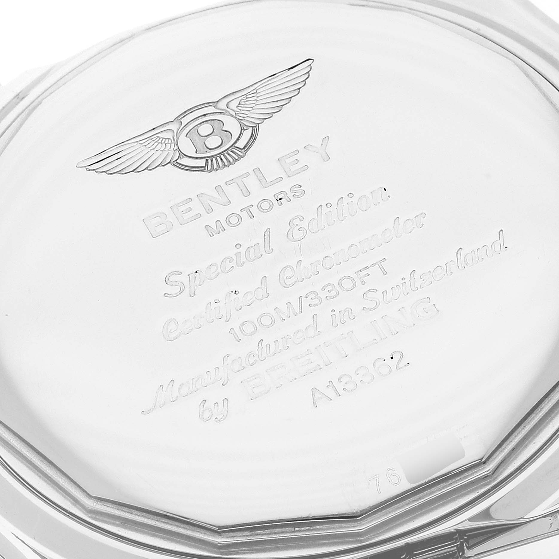 This image shows the back case of a Bentley model watch by Breitling from a close-up and elevated angle.