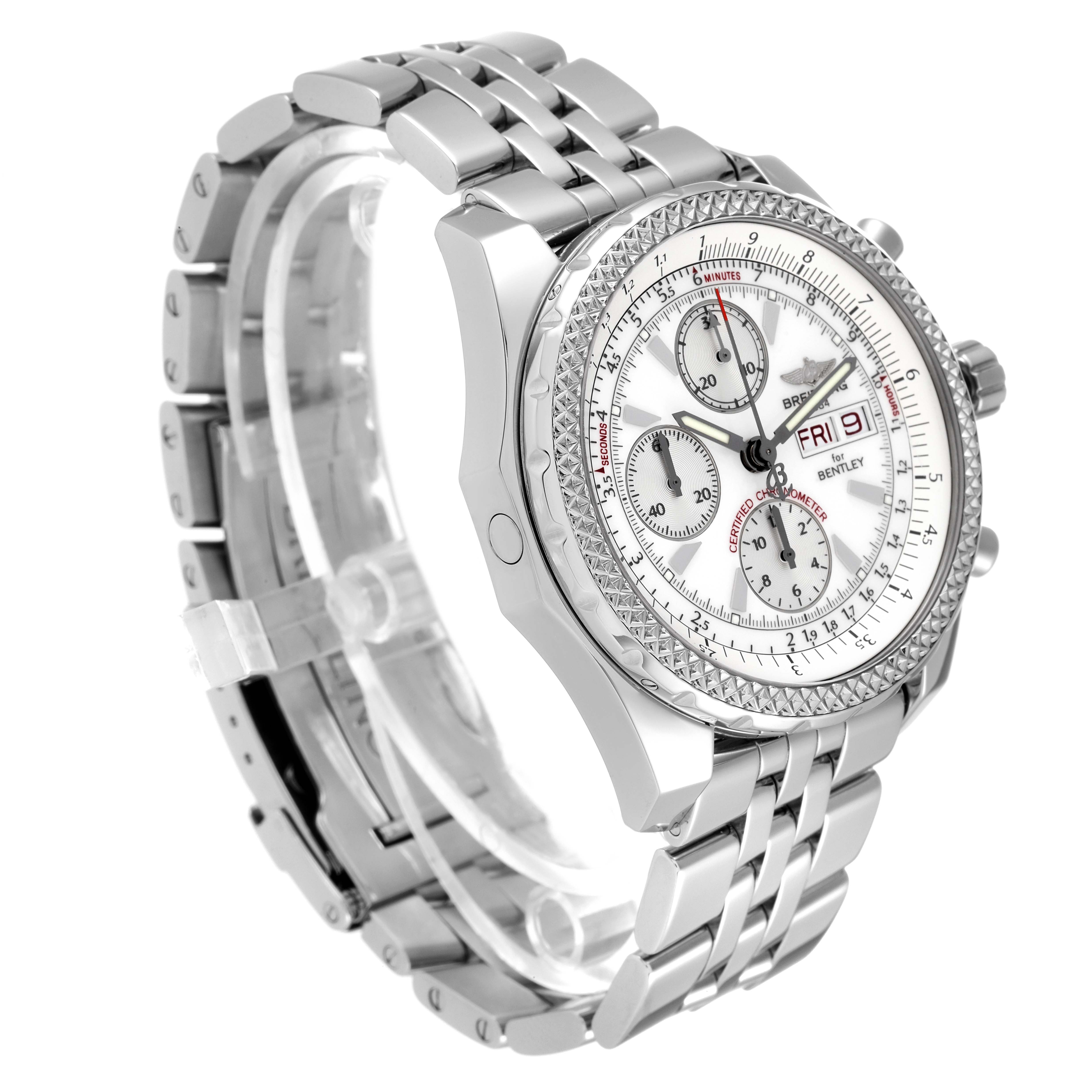 This image shows a Bentley model by Breitling from a side angle, displaying the watch face, bezel, and metal bracelet.