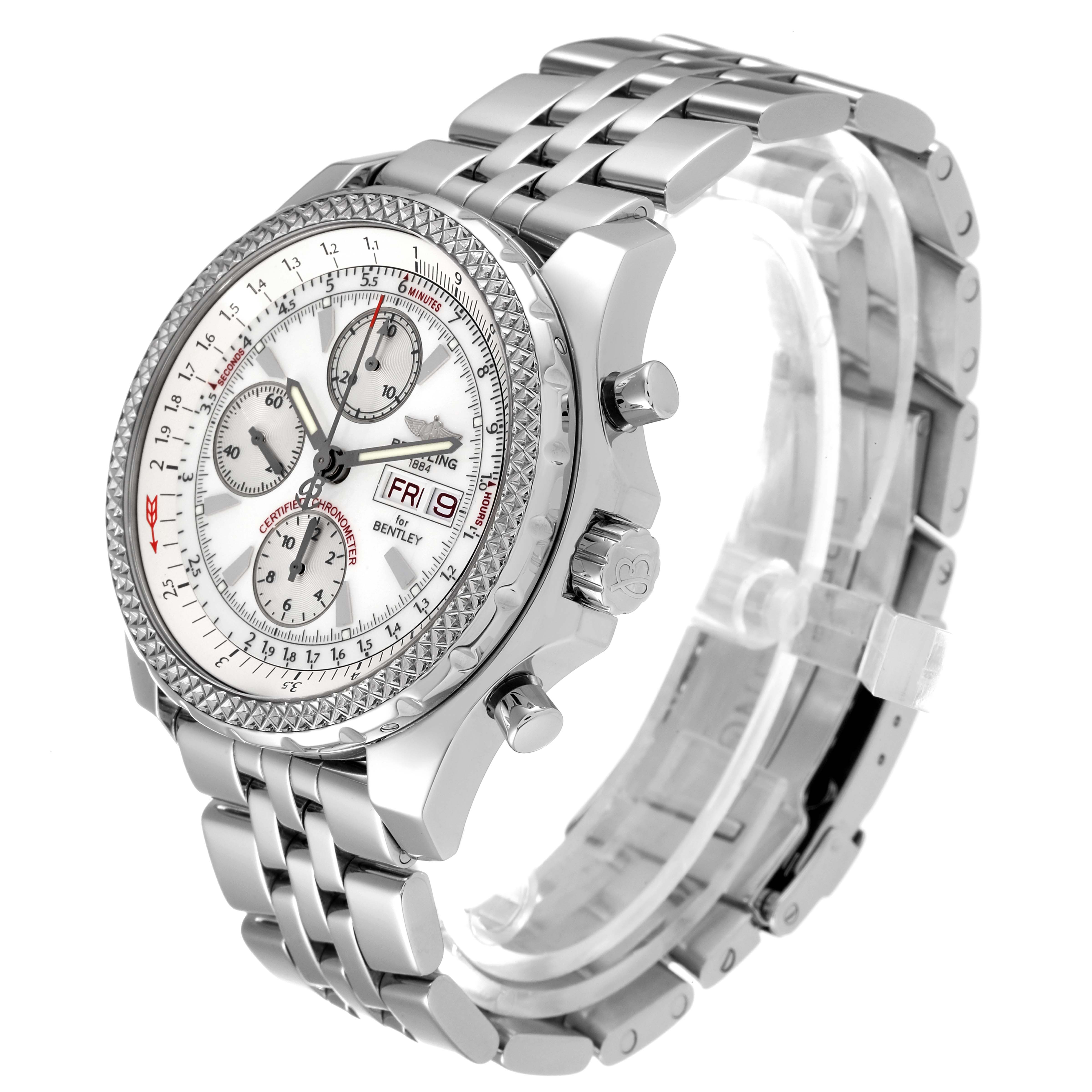 The Breitling Bentley A13362 Men's Stainless Steel White Dial A13362 Men's Stainless Steel White Dial watch is shown at an angle highlighting the face, bezel, side buttons, and metal bracelet.