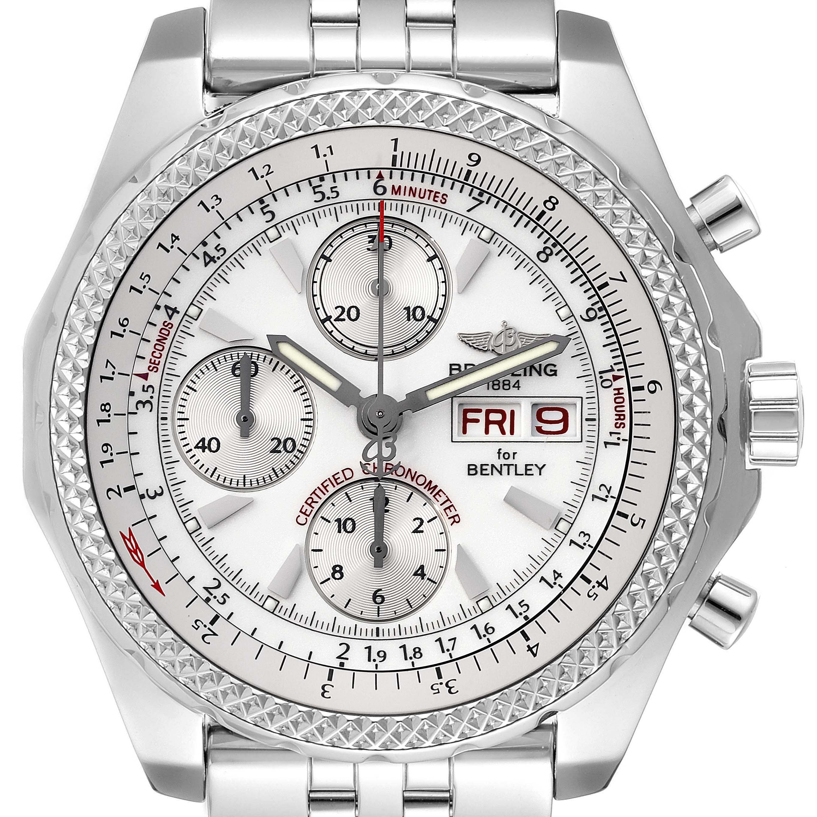 The image shows a front view of the Breitling Bentley A13362 Men's Stainless Steel White Dial A13362 Men's Stainless Steel White Dial watch face, including the dials and bezel.