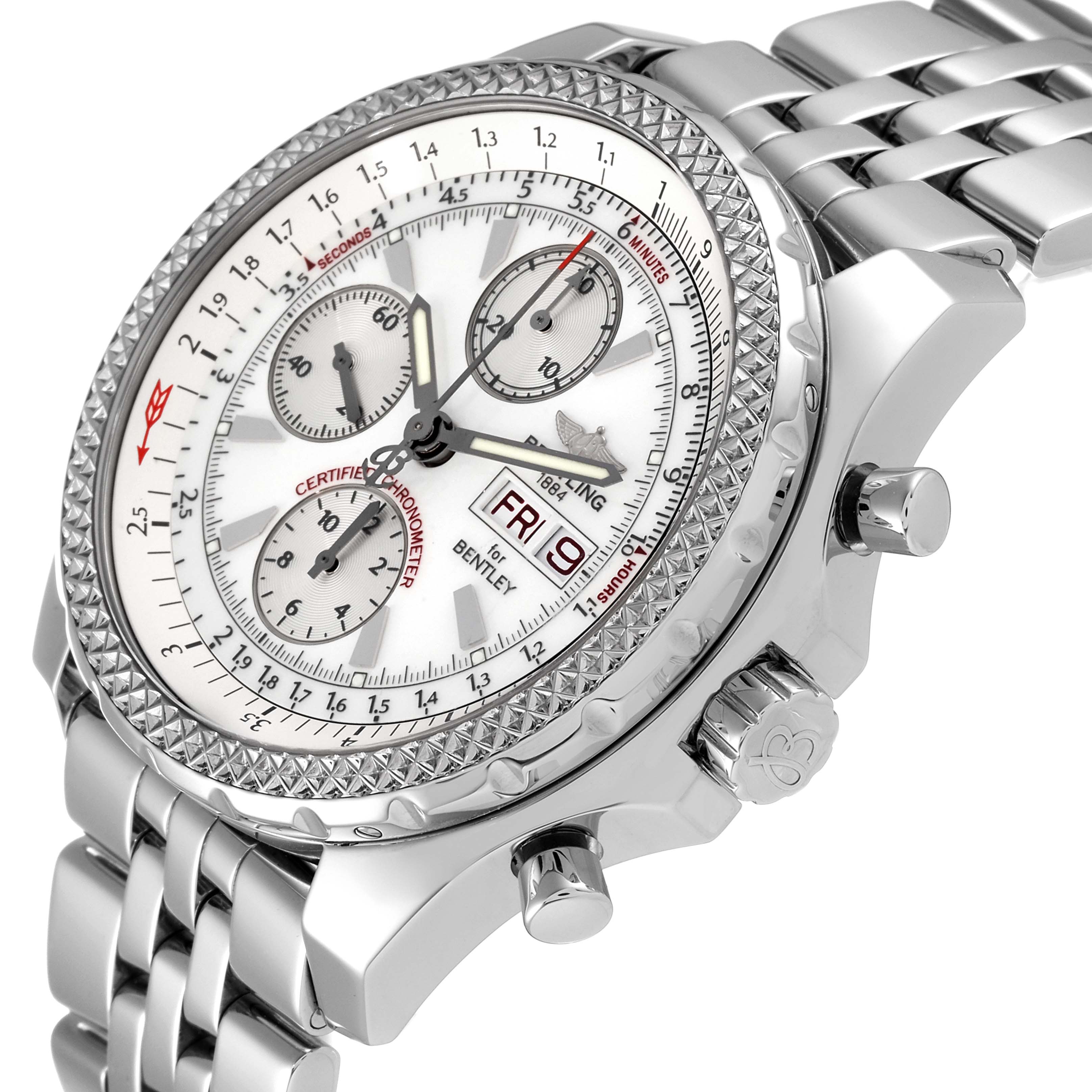 This image shows a side view of the Breitling Bentley A13362 Men's Stainless Steel White Dial A13362 Men's Stainless Steel White Dial watch, highlighting its dial, bezel, crown, chronograph buttons, and bracelet.