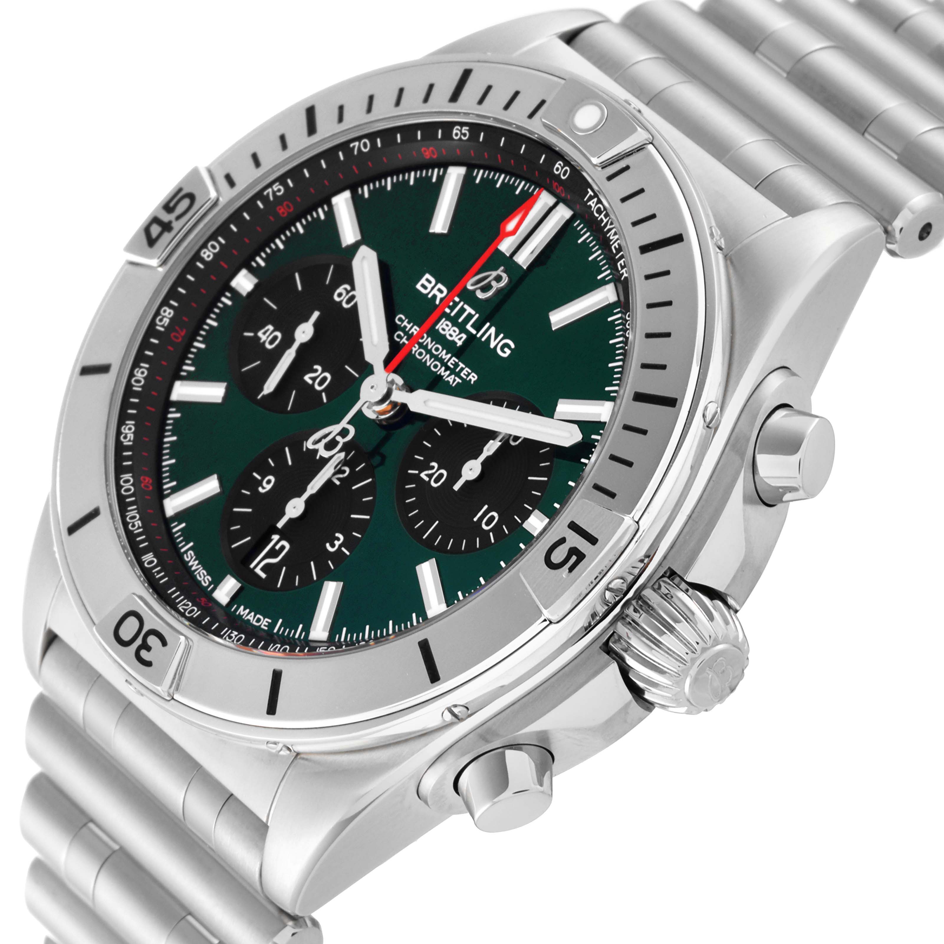 The image shows a Breitling Chronomat AB0134 Men
s Stainless Steel Green Dial AB0134 Men
s Stainless Steel Green Dial watch from a slightly angled side view, highlighting the face, crown, pushers, and part of the metal strap.