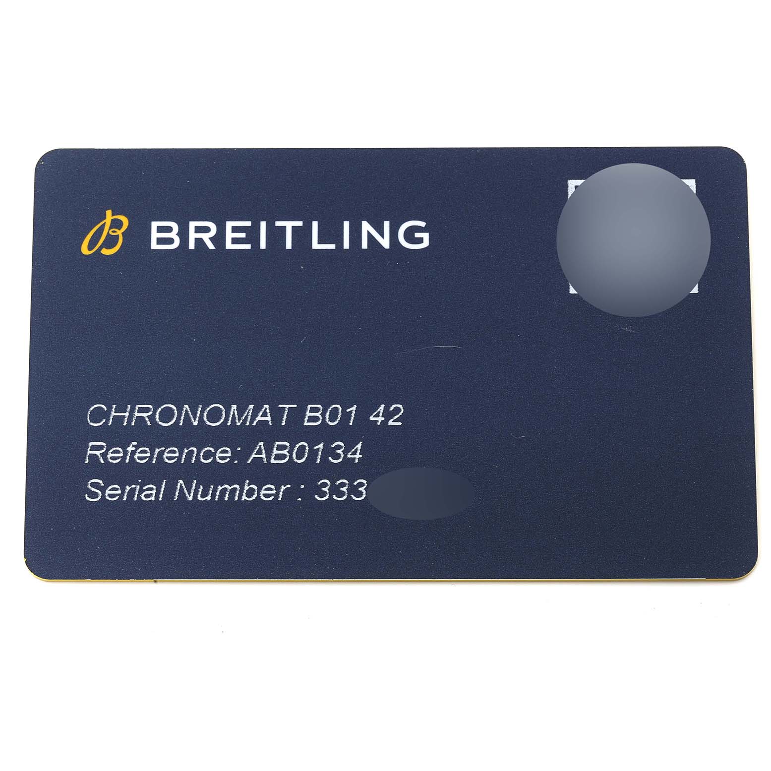 This image shows a registration card for the Breitling Chronomat AB0134 Men
s Stainless Steel Green Dial AB0134 Men
s Stainless Steel Green Dial B01 42, displaying the reference and serial numbers.