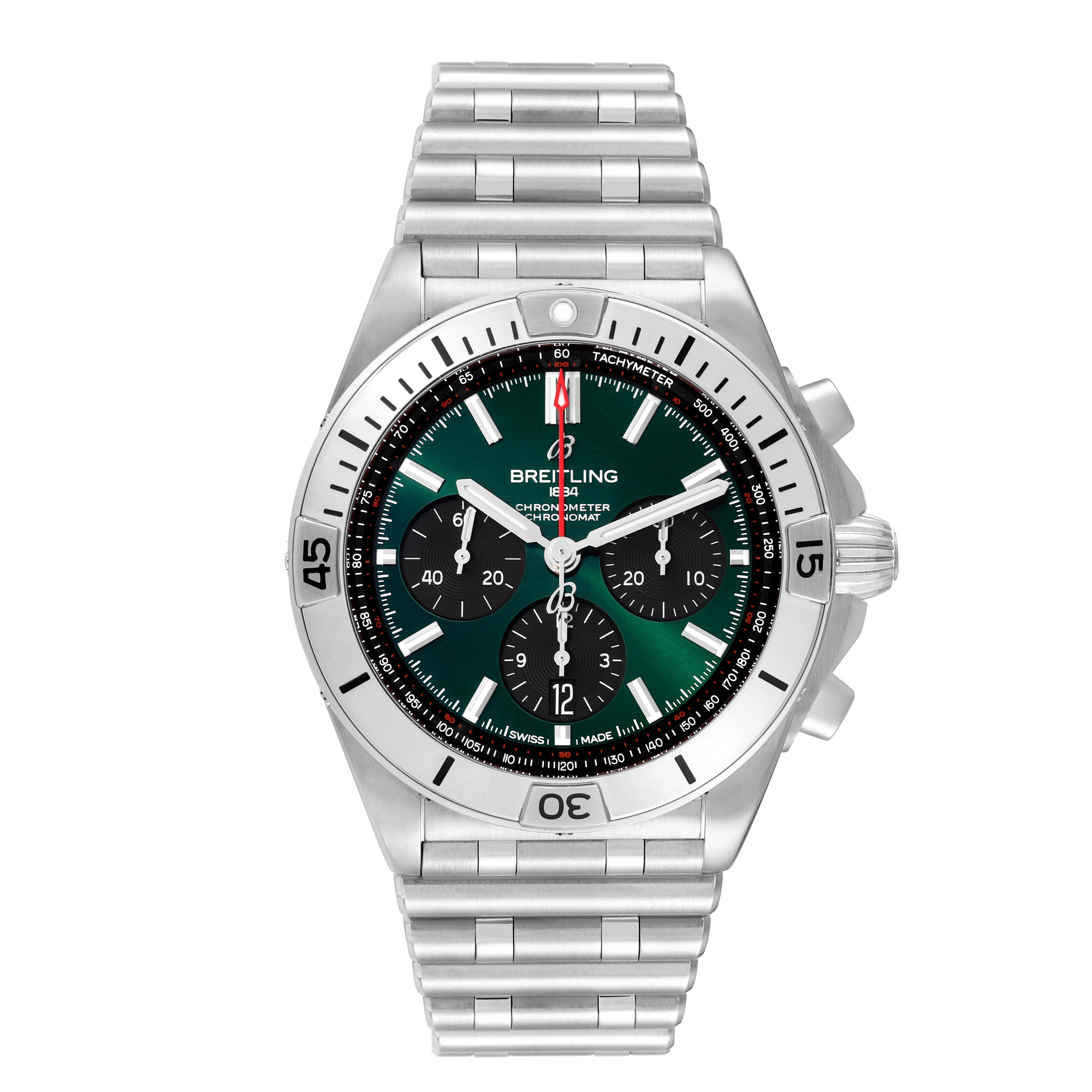 This image shows a front view of a Breitling Chronomat AB0134 Men
s Stainless Steel Green Dial AB0134 Men
s Stainless Steel Green Dial watch, highlighting its dial, bezel, and bracelet.