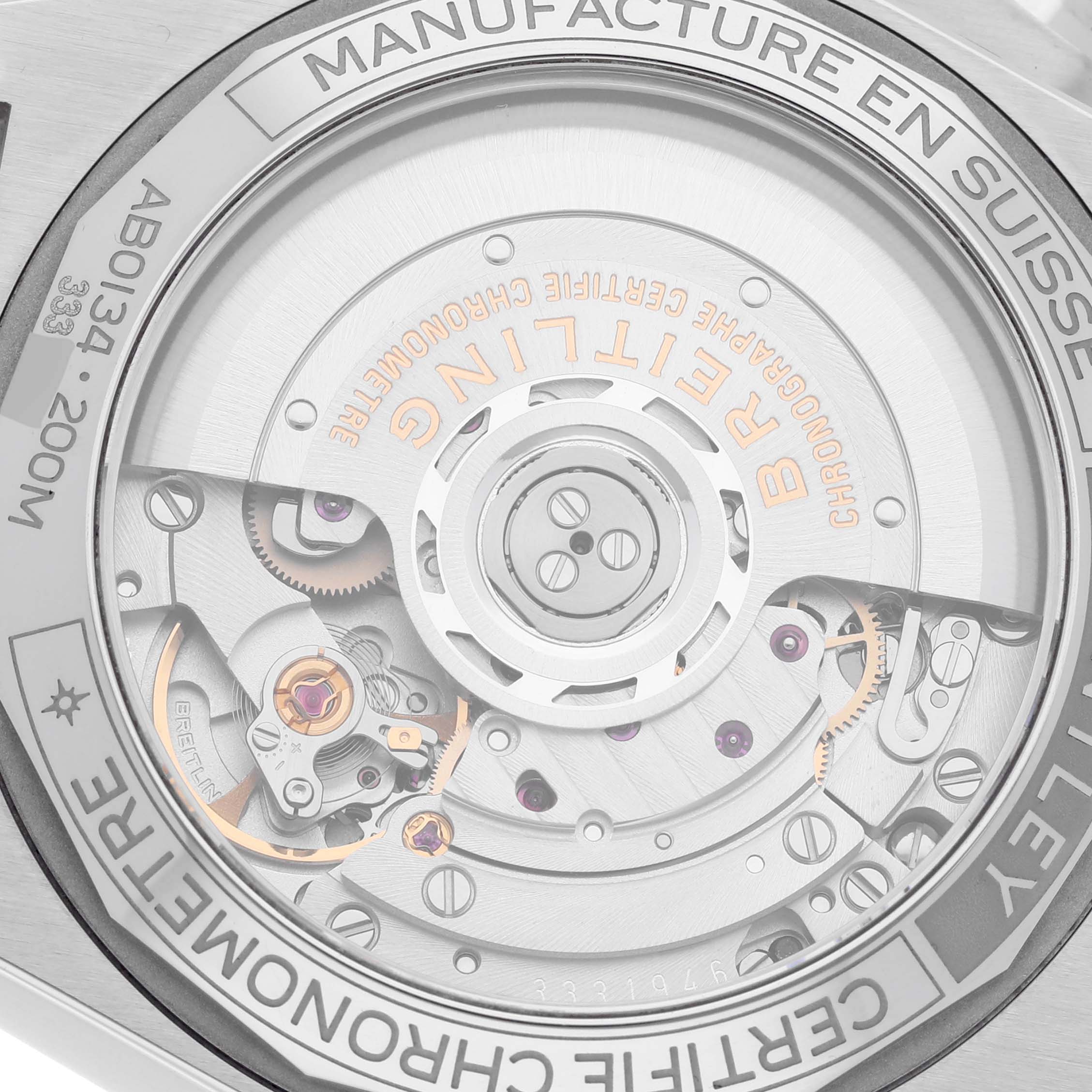 This image shows the back of a Breitling Chronomat AB0134 Men
s Stainless Steel Green Dial AB0134 Men
s Stainless Steel Green Dial watch, focusing on the exposed movement and intricate mechanisms.