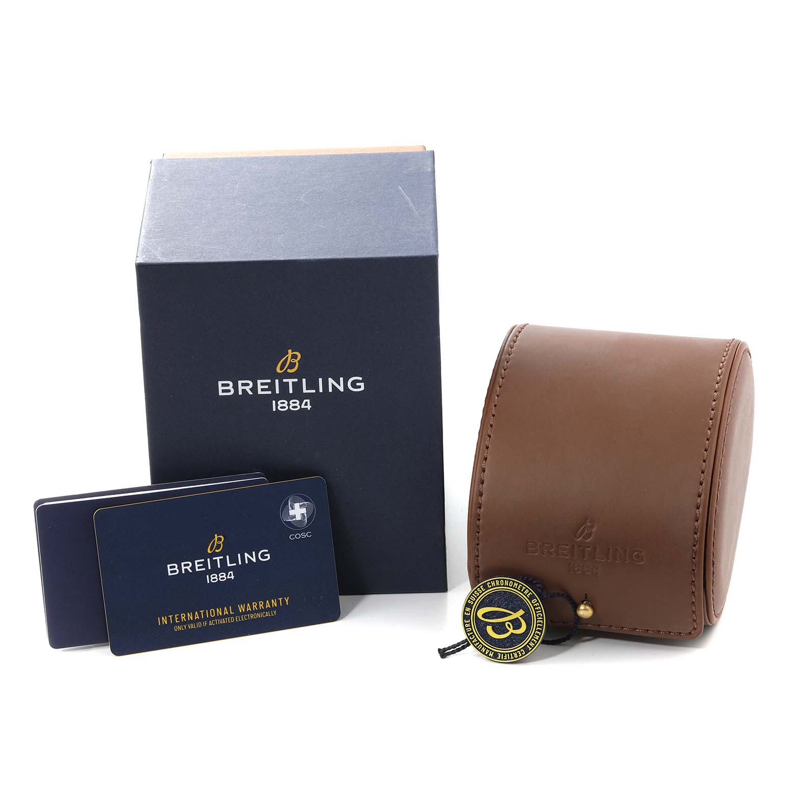 The image shows the Breitling Chronomat AB0134 Men
s Stainless Steel Green Dial AB0134 Men
s Stainless Steel Green Dial model
s box, leather case, warranty cards, and tag from a front angle.