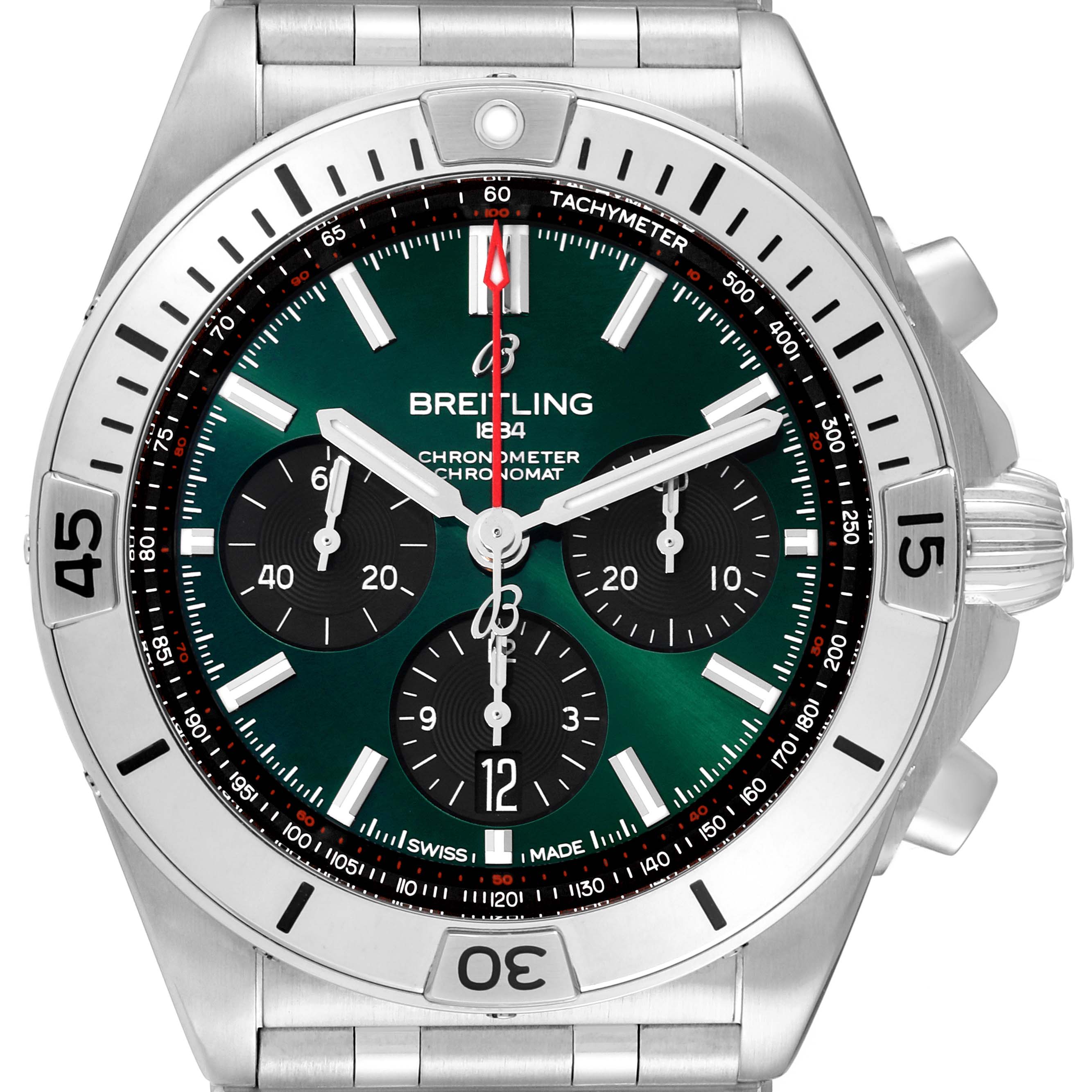 The Breitling Chronomat AB0134 Men
s Stainless Steel Green Dial AB0134 Men
s Stainless Steel Green Dial watch is shown from a front angle, displaying the dial, bezel, pushers, and part of the bracelet.