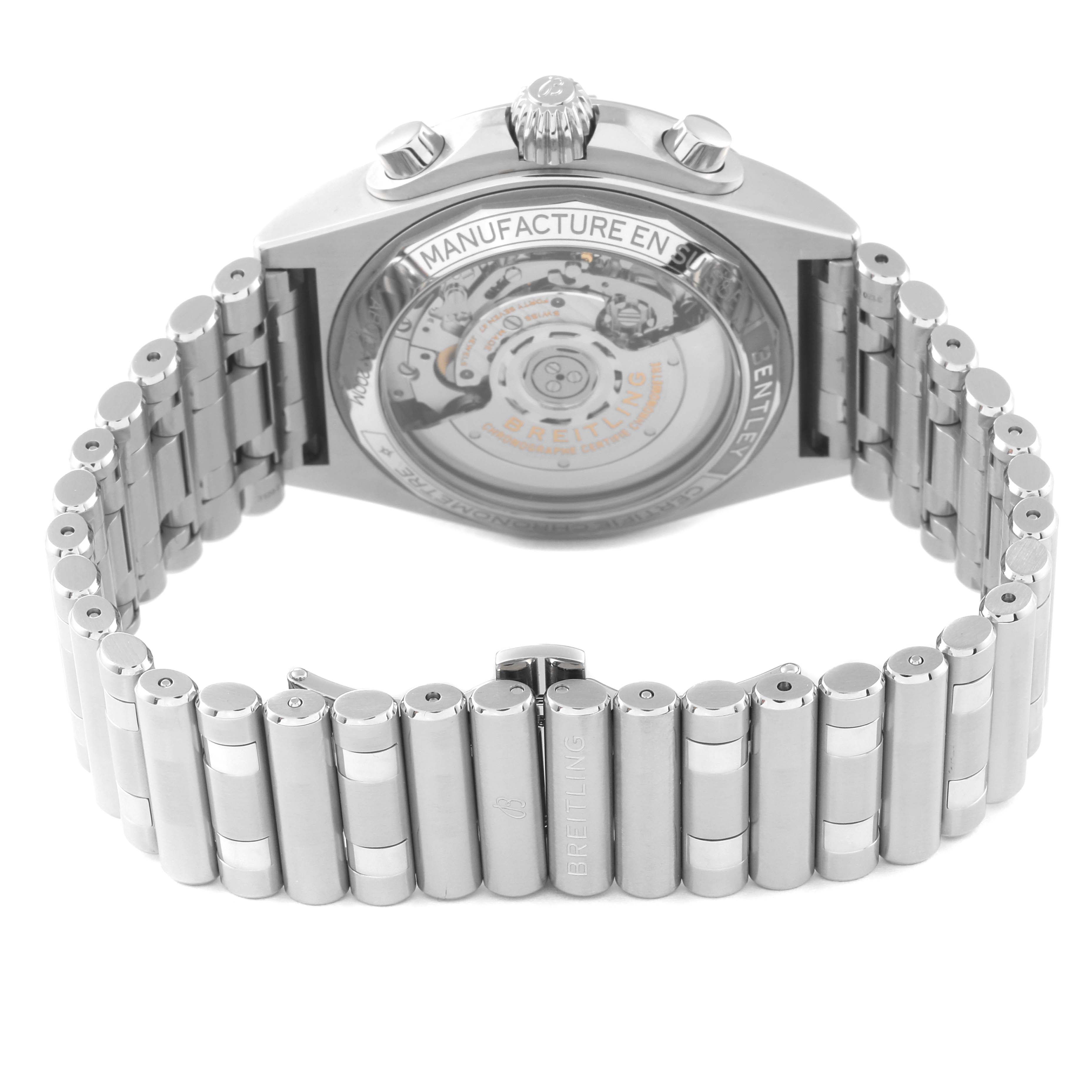 The image shows the back of a Breitling Chronomat AB0134 Men
s Stainless Steel Green Dial AB0134 Men
s Stainless Steel Green Dial watch, highlighting the rotor, caseback, and metal bracelet.