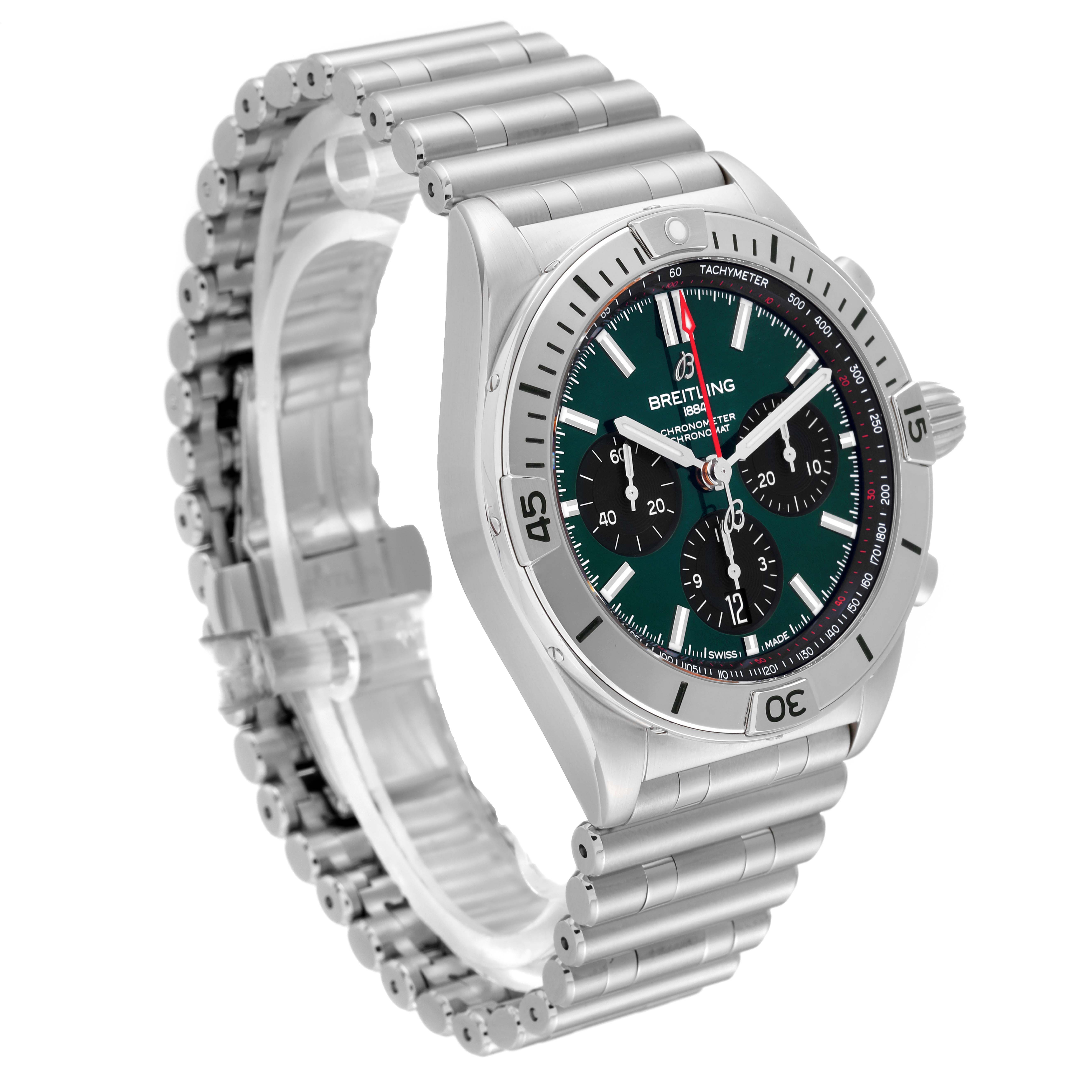The image shows a side angle view of the Breitling Chronomat AB0134 Men
s Stainless Steel Green Dial AB0134 Men
s Stainless Steel Green Dial watch, highlighting the face, bezel, and bracelet.