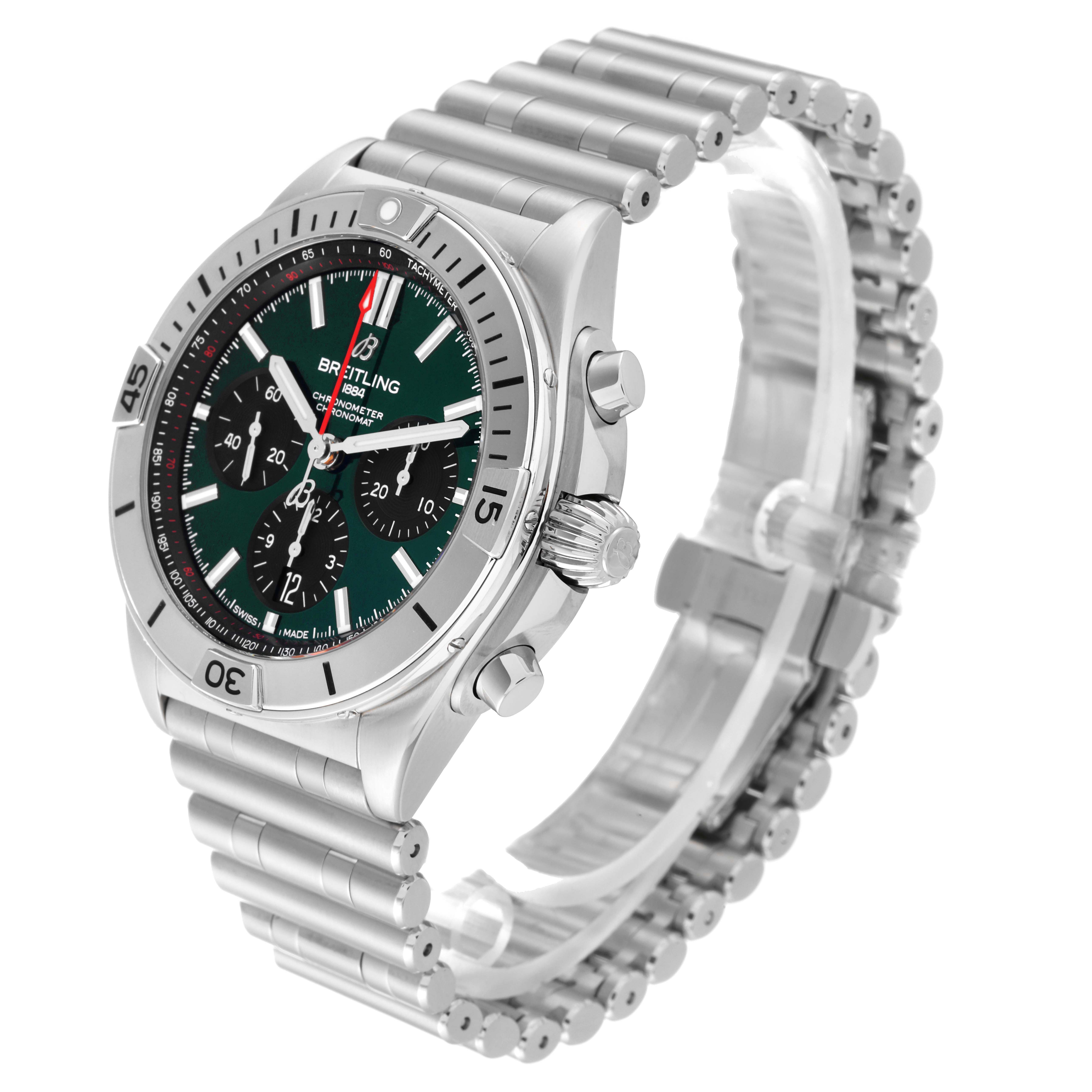 The image shows a side and angled view of a Breitling Chronomat AB0134 Men
s Stainless Steel Green Dial AB0134 Men
s Stainless Steel Green Dial watch, highlighting its face, crown, pushers, and bracelet.