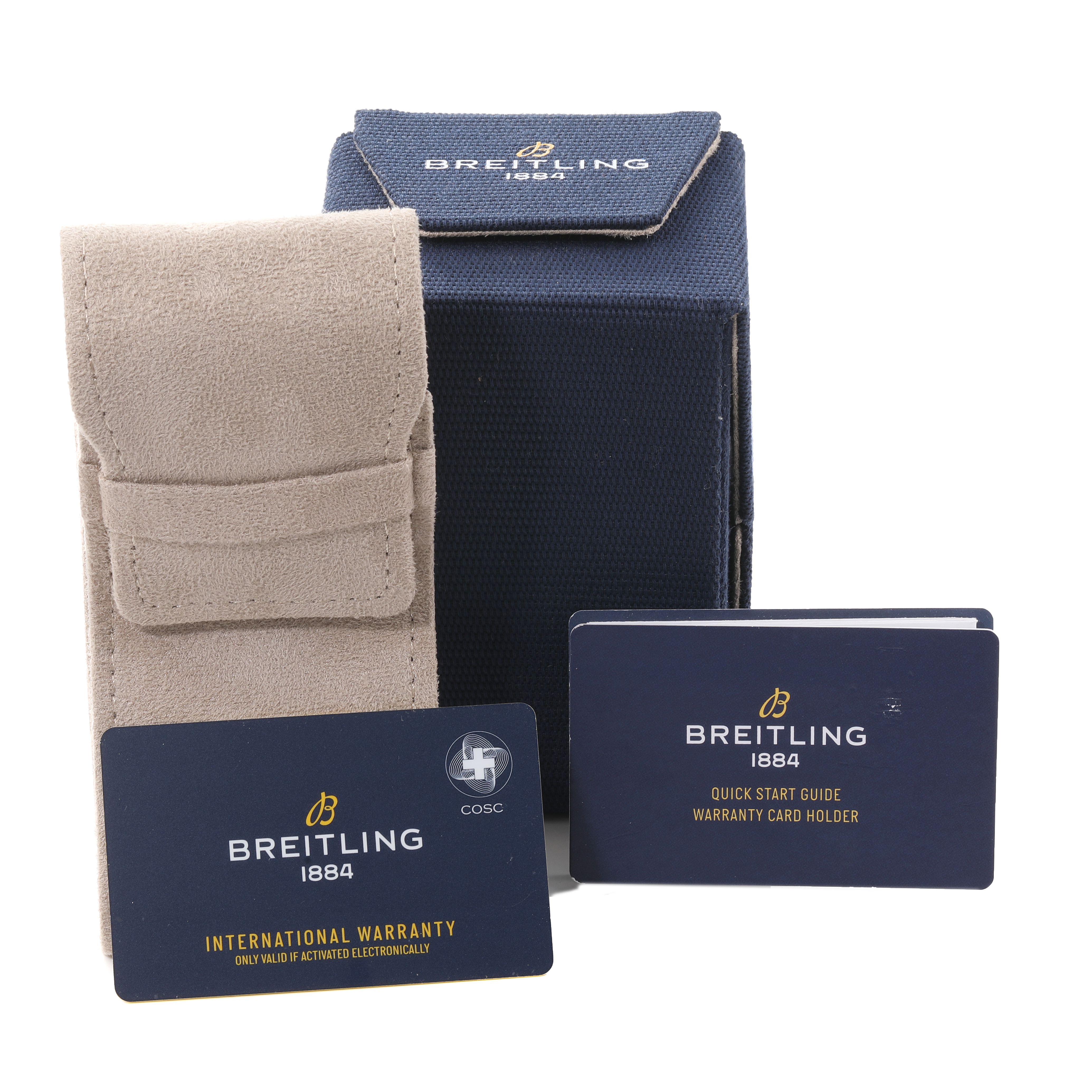 The image shows the packaging and documentation for a Breitling Navitimer AB0137211B1A1 Men
s Stainless Steel Black Dial AB0137211B1A1 Men
s Stainless Steel Black Dial, including a pouch, box, warranty card, and quick start guide.