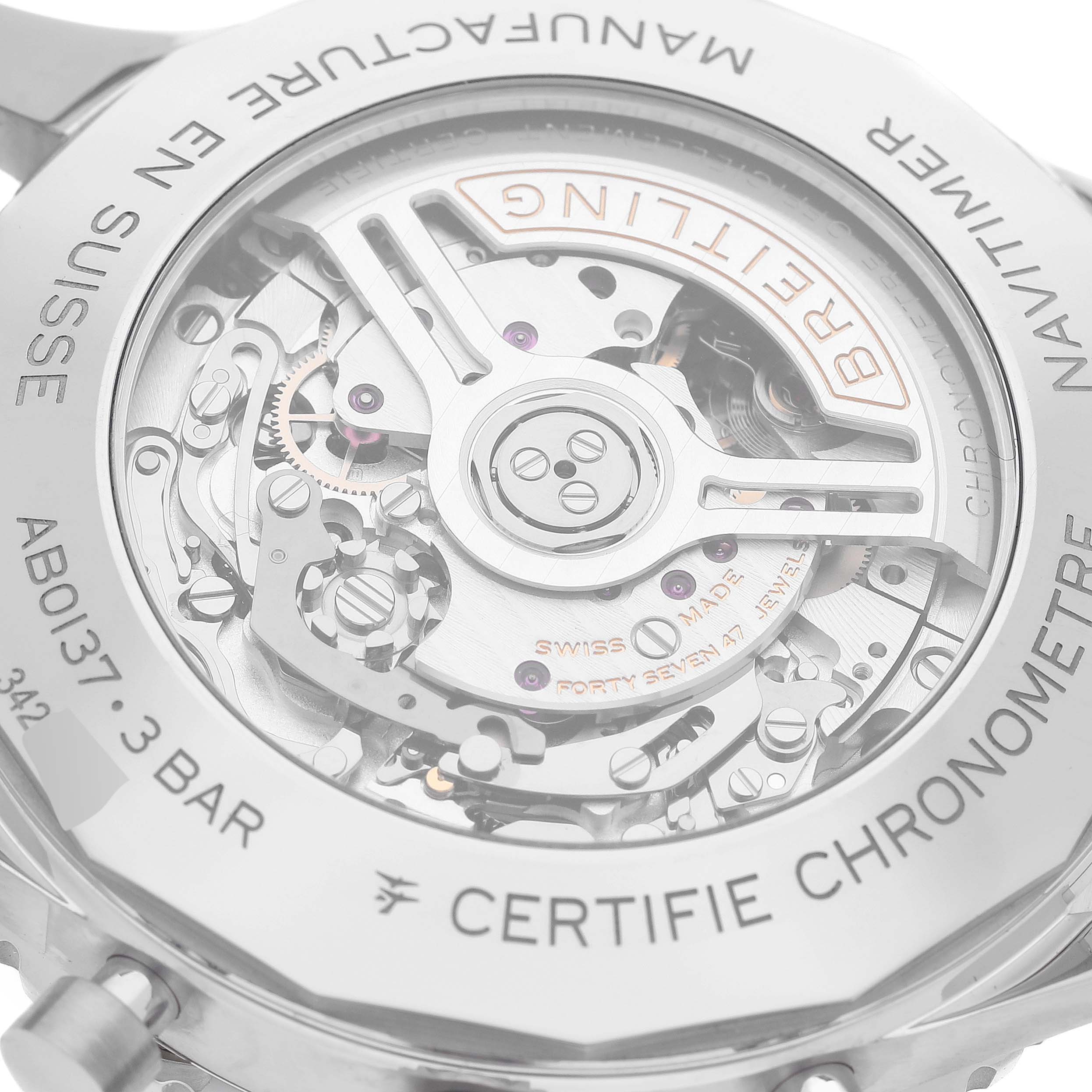 This image shows the back view of a Breitling Navitimer AB0137211B1A1 Men
s Stainless Steel Black Dial AB0137211B1A1 Men
s Stainless Steel Black Dial watch, highlighting its intricate mechanical movement and inscriptions.