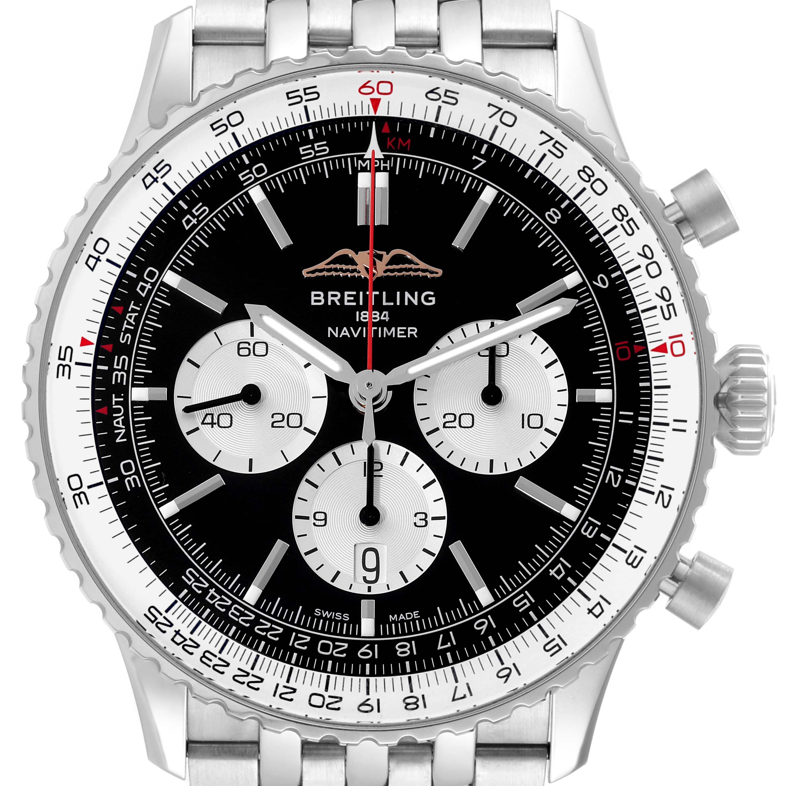 This image shows a frontal view of the Breitling Navitimer AB0137211B1A1 Men
s Stainless Steel Black Dial AB0137211B1A1 Men
s Stainless Steel Black Dial watch, focusing on the face and chronograph dials.