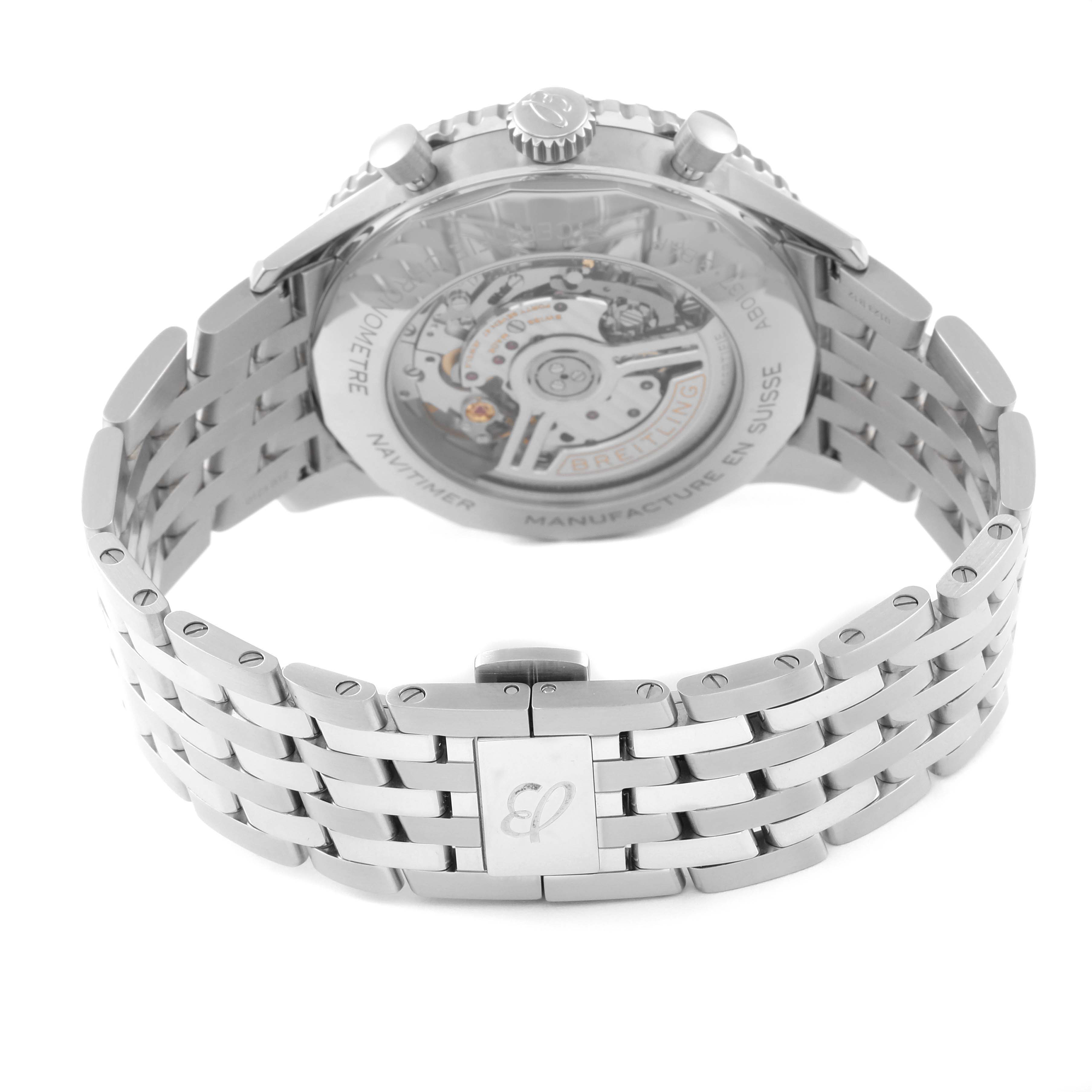 This image shows the back of a Breitling Navitimer AB0137211B1A1 Men
s Stainless Steel Black Dial AB0137211B1A1 Men
s Stainless Steel Black Dial watch, including its transparent case back and stainless steel bracelet.