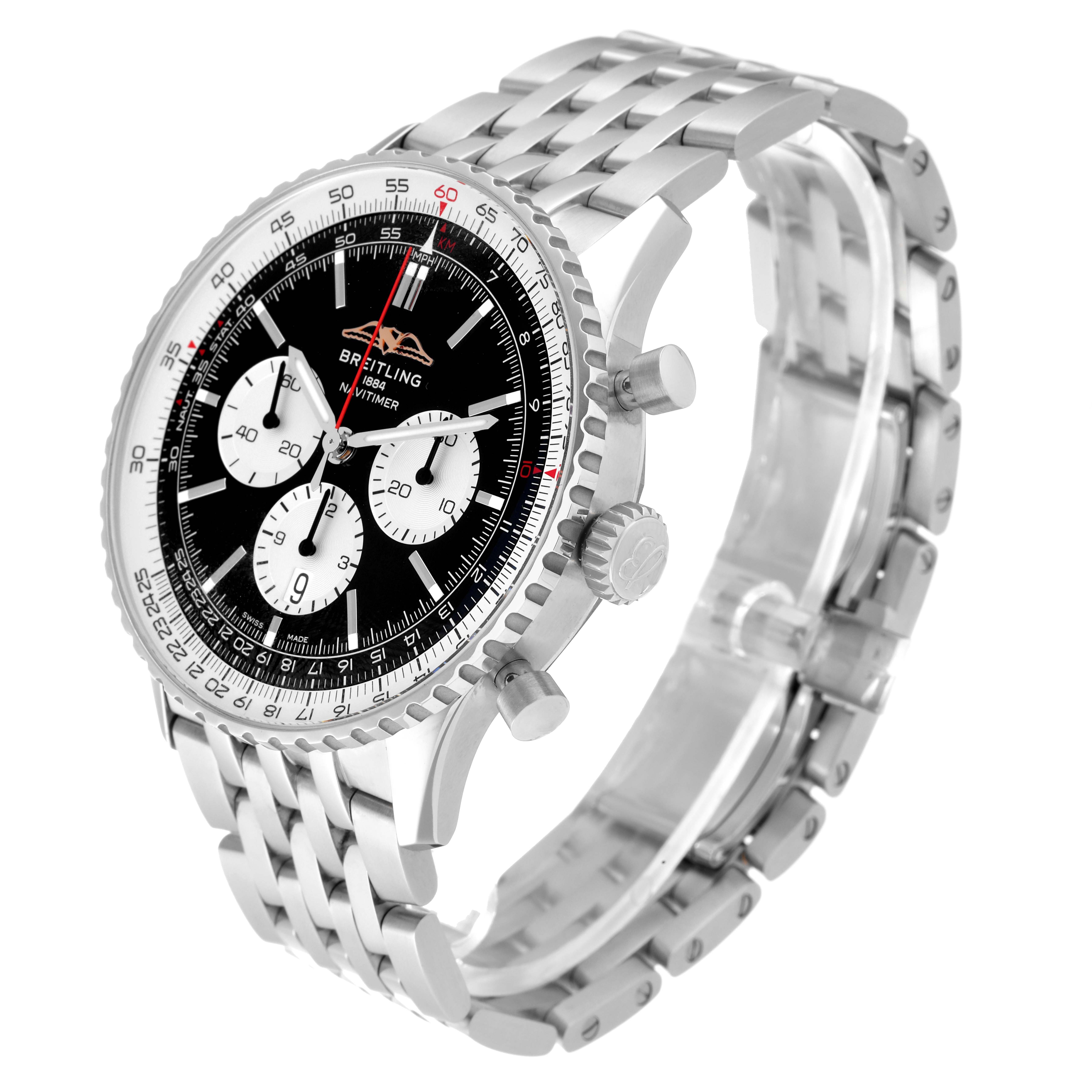 The Breitling Navitimer AB0137211B1A1 Men
s Stainless Steel Black Dial AB0137211B1A1 Men
s Stainless Steel Black Dial watch is displayed at a three-quarter angle, highlighting its dial, bezel, crown, pushers, and metal bracelet.