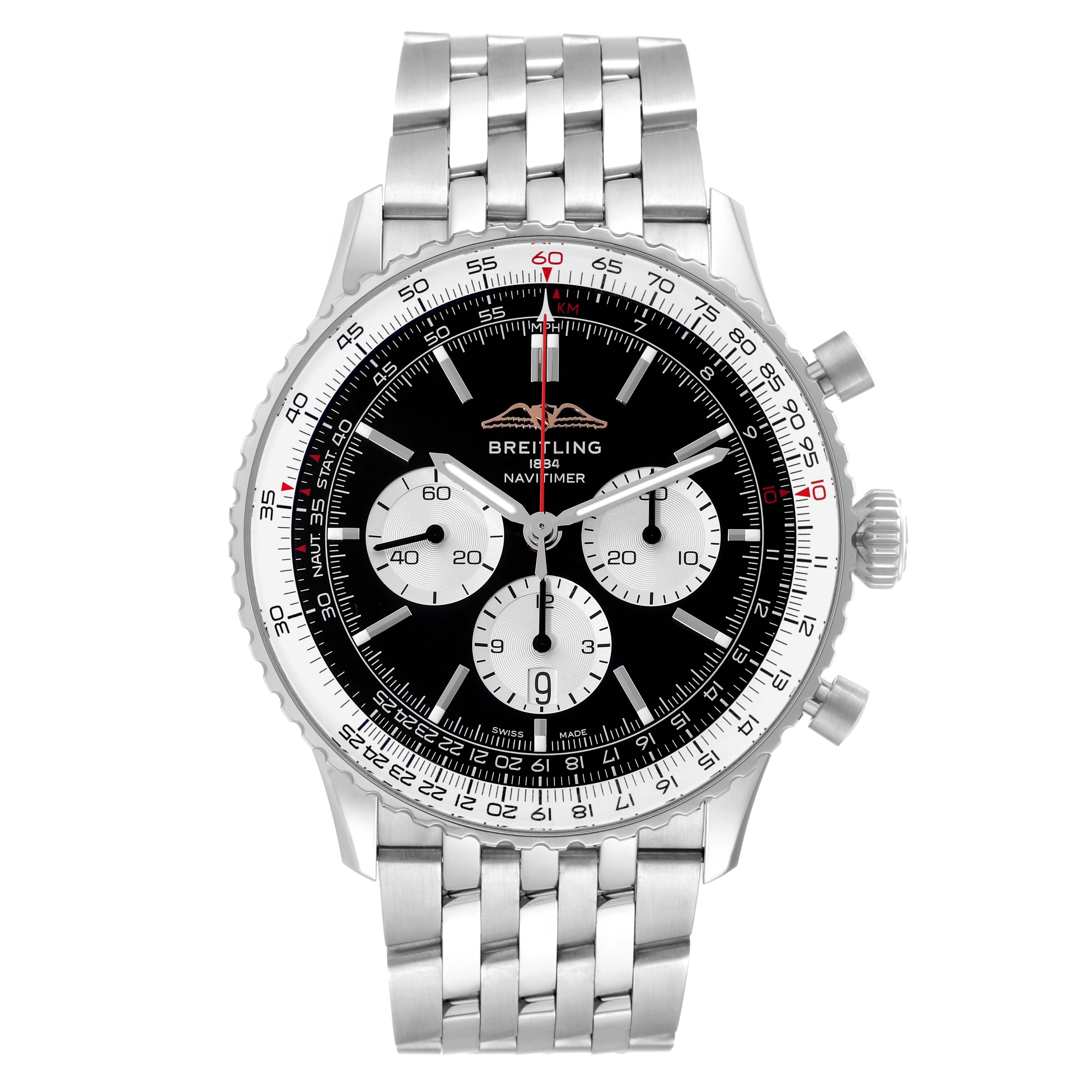 This image shows a front view of the Breitling Navitimer AB0137211B1A1 Men
s Stainless Steel Black Dial AB0137211B1A1 Men
s Stainless Steel Black Dial watch, displaying its dial, bezel, and metal bracelet.