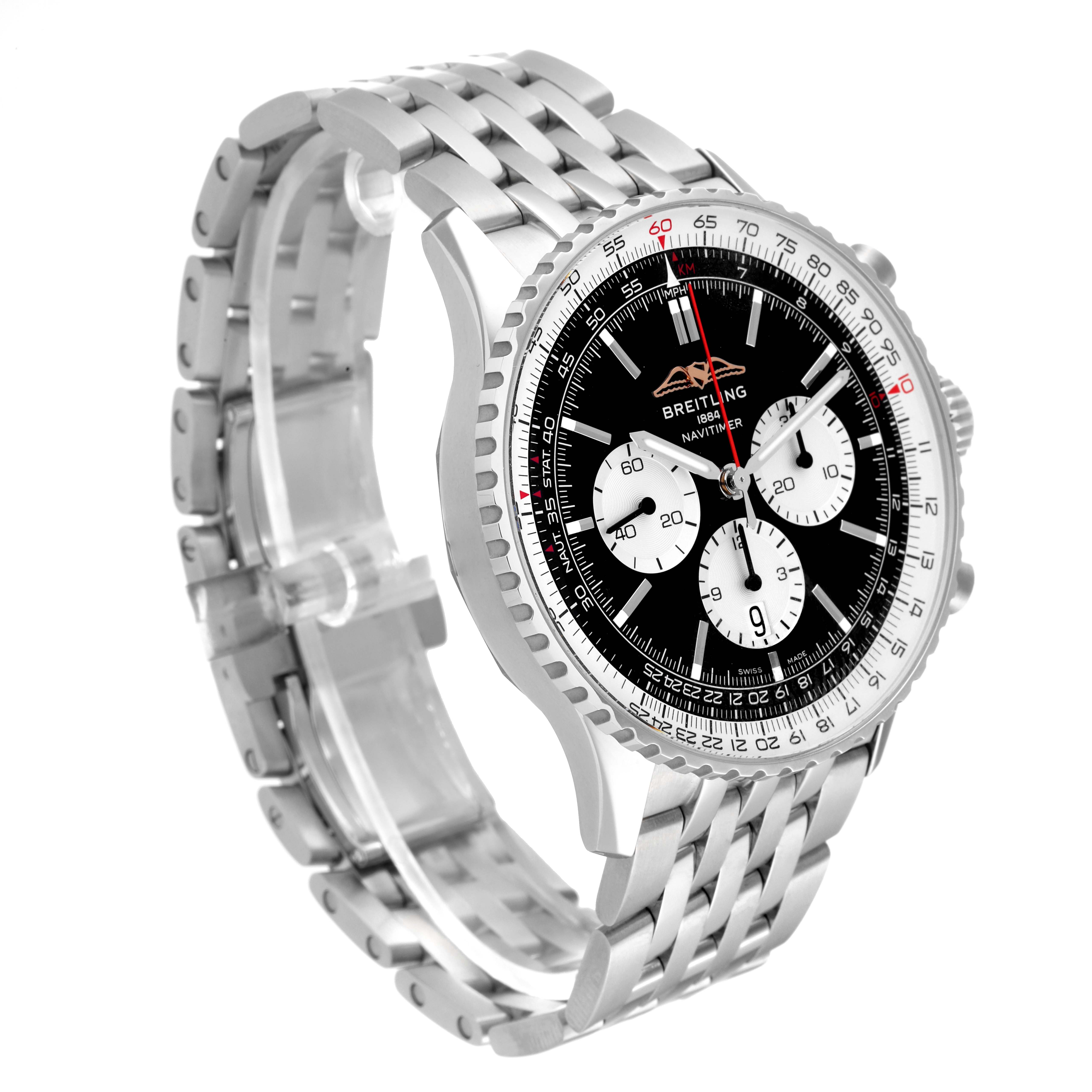 The image shows a side angle view of the Breitling Navitimer AB0137211B1A1 Men
s Stainless Steel Black Dial AB0137211B1A1 Men
s Stainless Steel Black Dial watch, highlighting its face, bezel, and metal bracelet.
