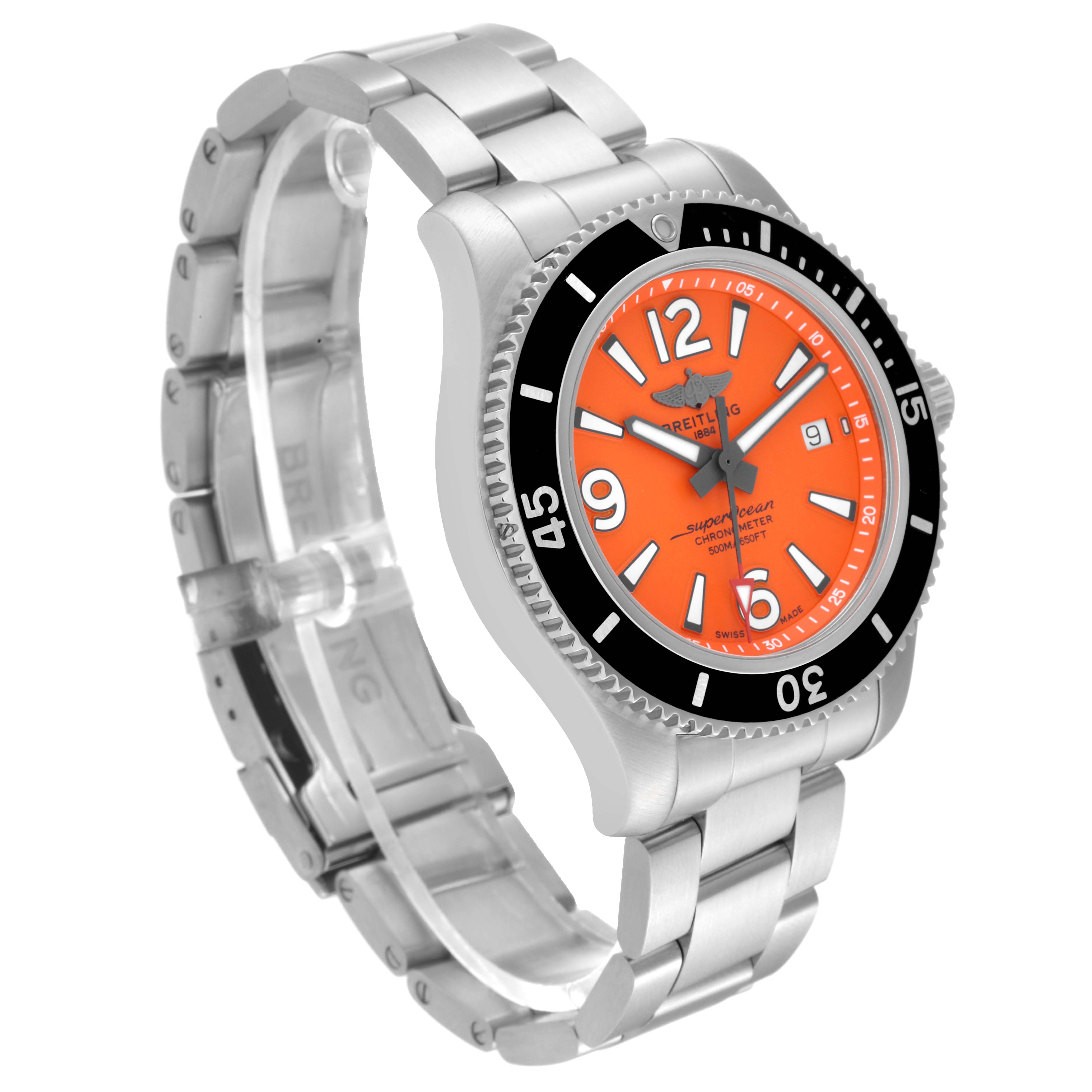 The Breitling Superocean A17366 Men's Stainless Steel Orange Dial A17366 Men's Stainless Steel Orange Dial watch is shown at a slightly angled view, showcasing the orange dial, black bezel, and stainless steel bracelet.