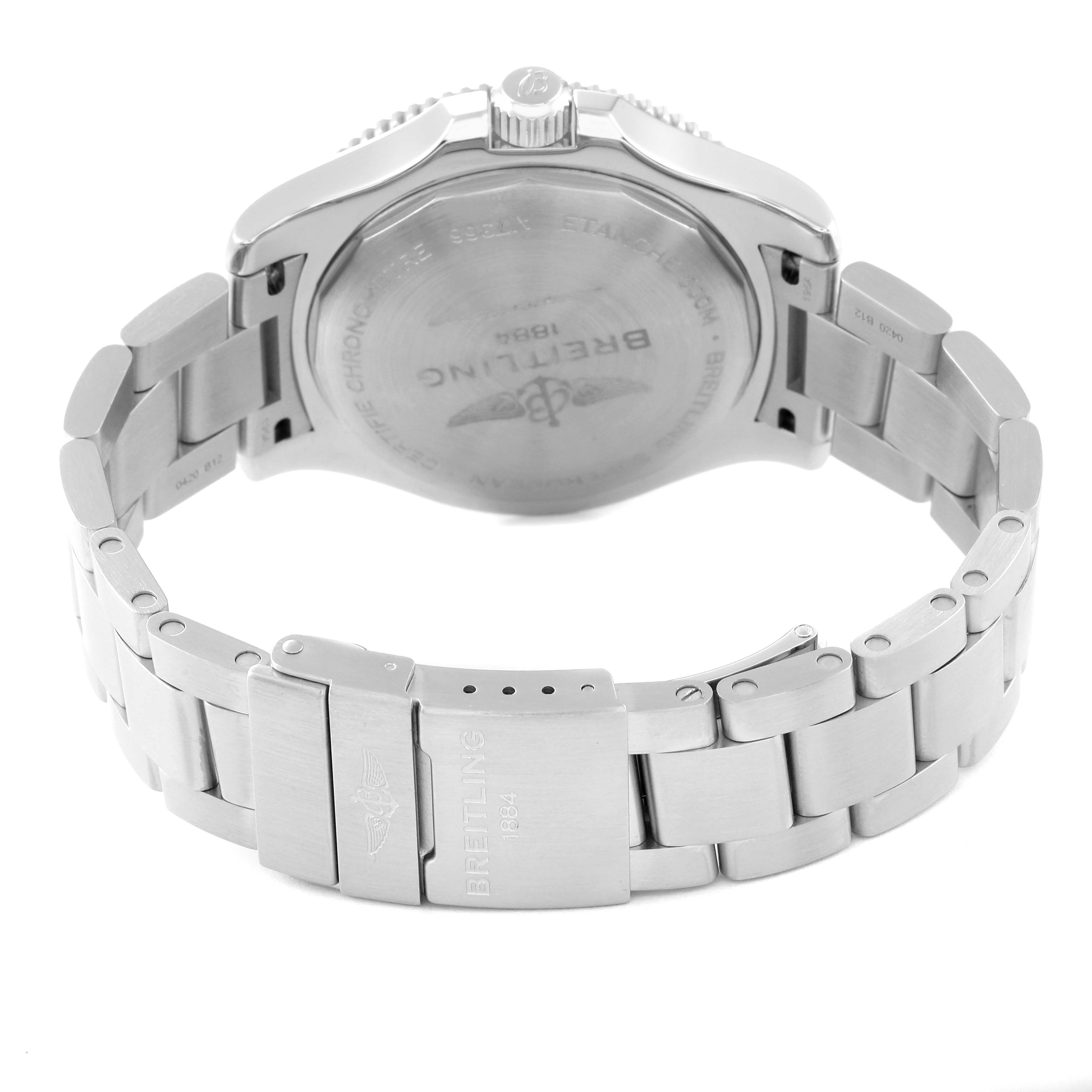 The image shows the back view of a Breitling Superocean A17366 Men's Stainless Steel Orange Dial A17366 Men's Stainless Steel Orange Dial watch, highlighting the case back and metal bracelet clasp.