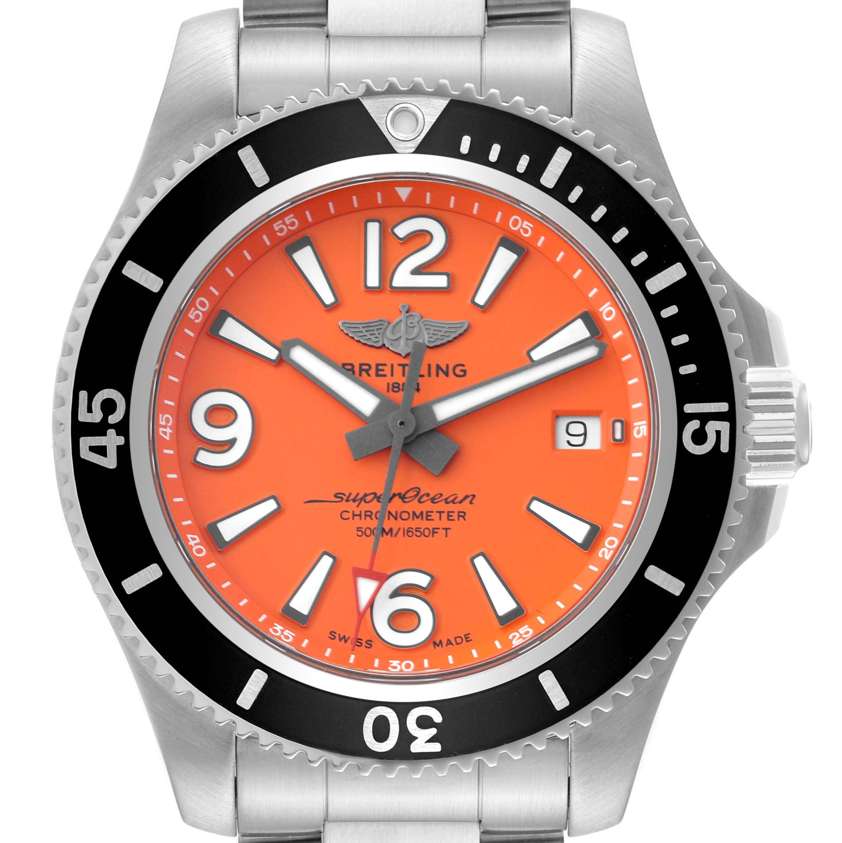 The image shows a frontal view of the Breitling Superocean A17366 Men's Stainless Steel Orange Dial A17366 Men's Stainless Steel Orange Dial watch, displaying its orange dial, bezel, and bracelet.