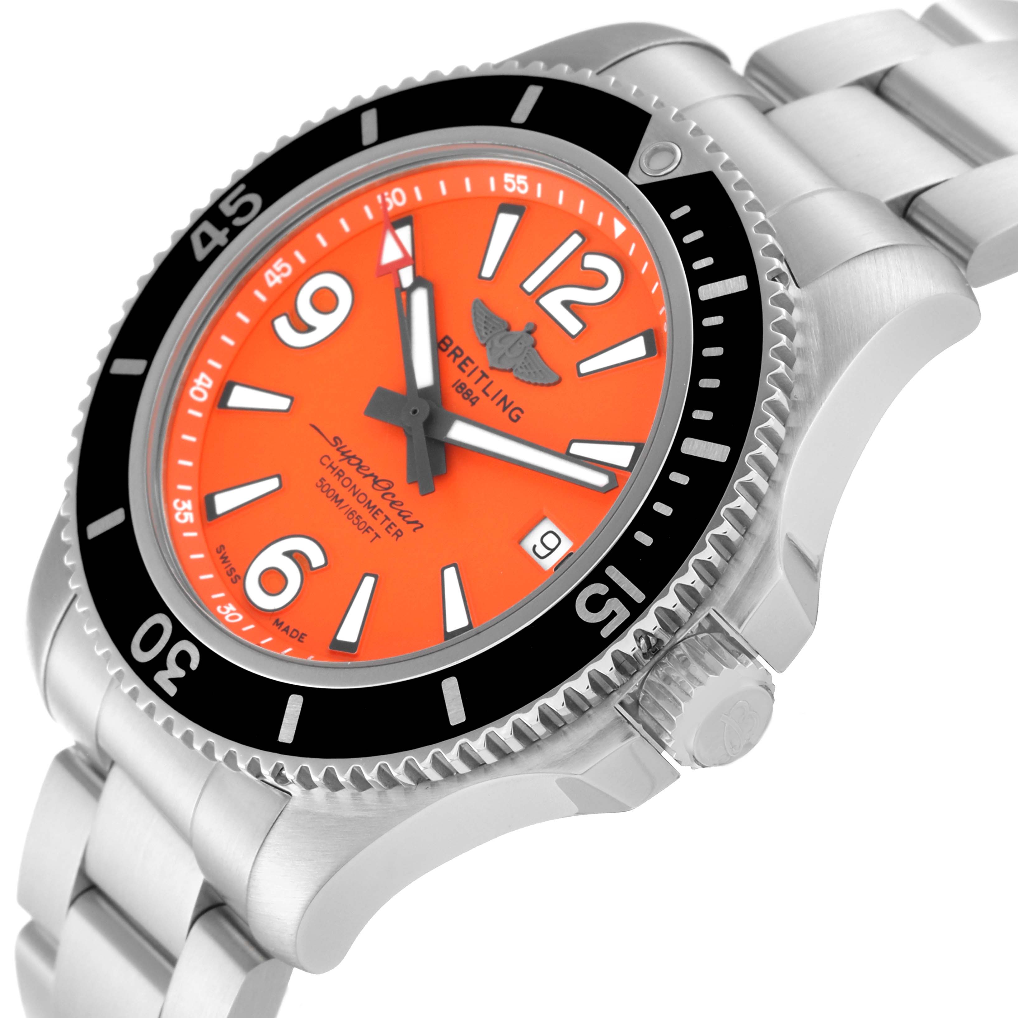 The image shows a side and slightly angled view of a Breitling Superocean A17366 Men's Stainless Steel Orange Dial A17366 Men's Stainless Steel Orange Dial watch, highlighting the face, bezel, crown, and bracelet.