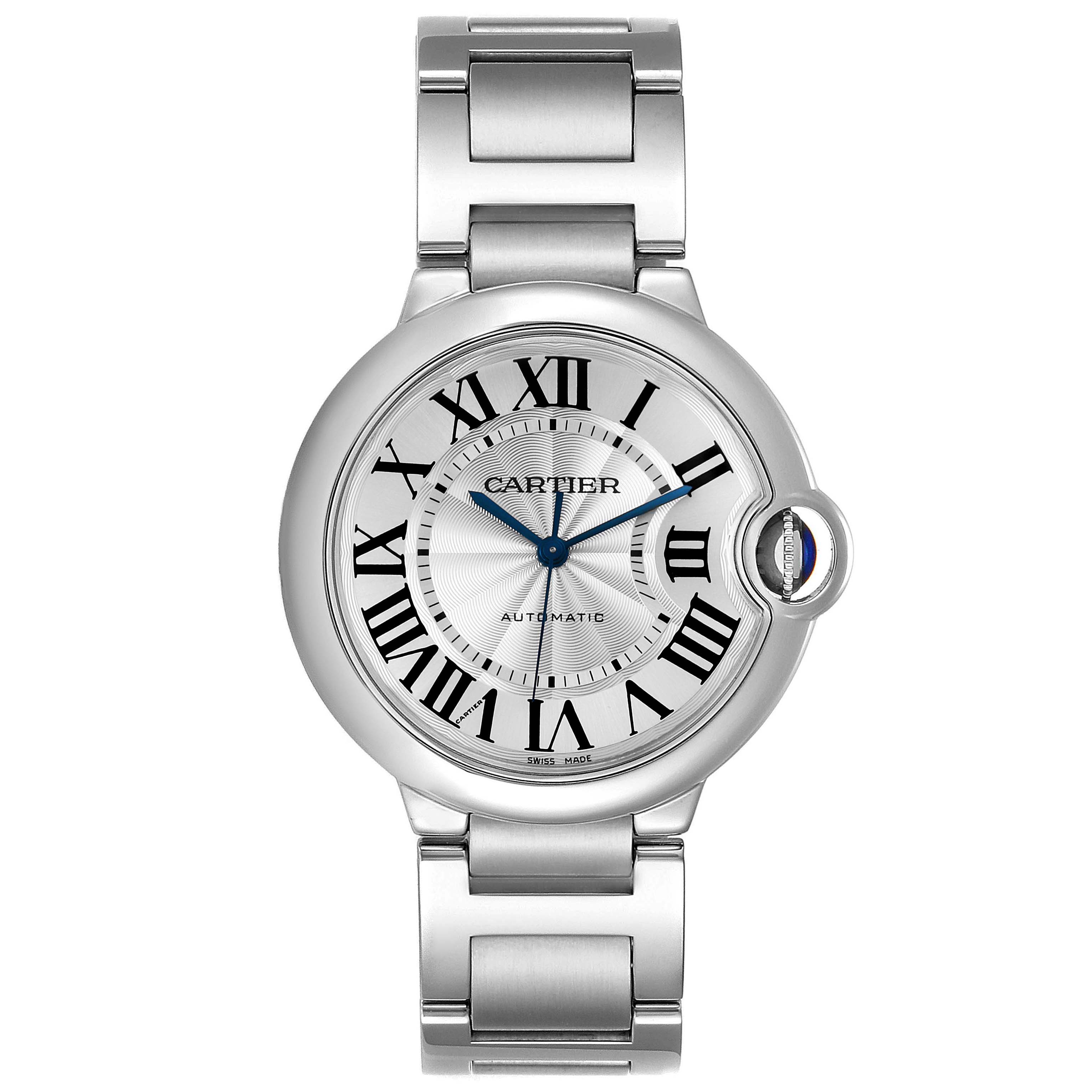 The image shows a front view of the Cartier Ballon Bleu W6920046 Women's Stainless Steel Silver Dial W6920046 Women's Stainless Steel Silver Dial watch, highlighting its Roman numeral dial, blue hands, and metal bracelet.