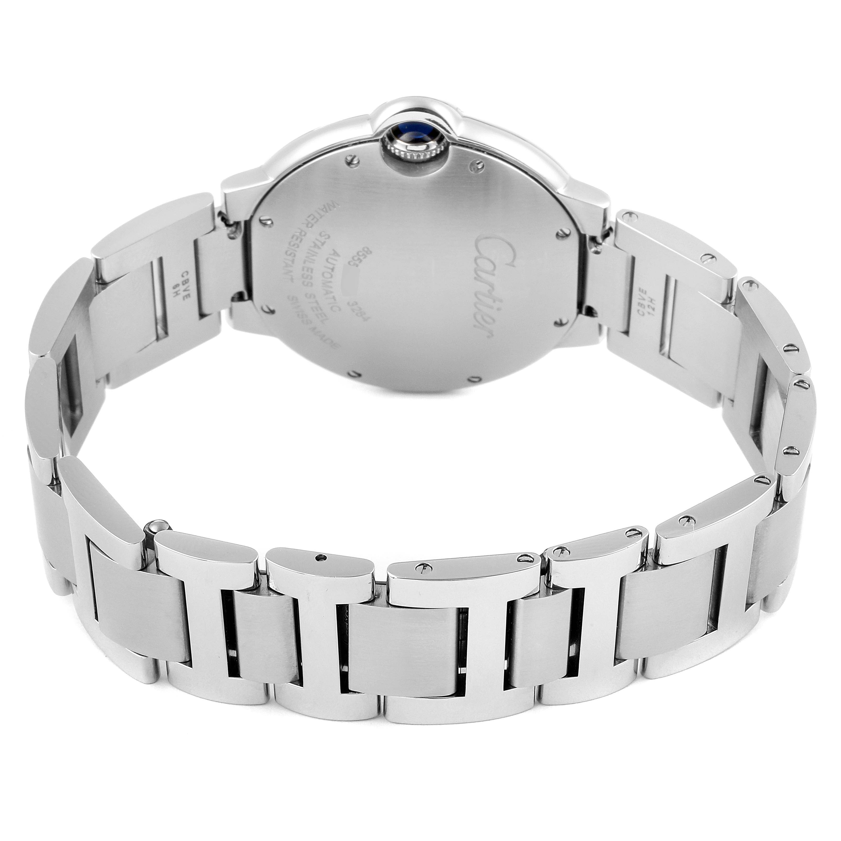 The image shows the back case and bracelet of a Cartier Ballon Bleu W6920046 Women's Stainless Steel Silver Dial W6920046 Women's Stainless Steel Silver Dial watch from a rear angle.