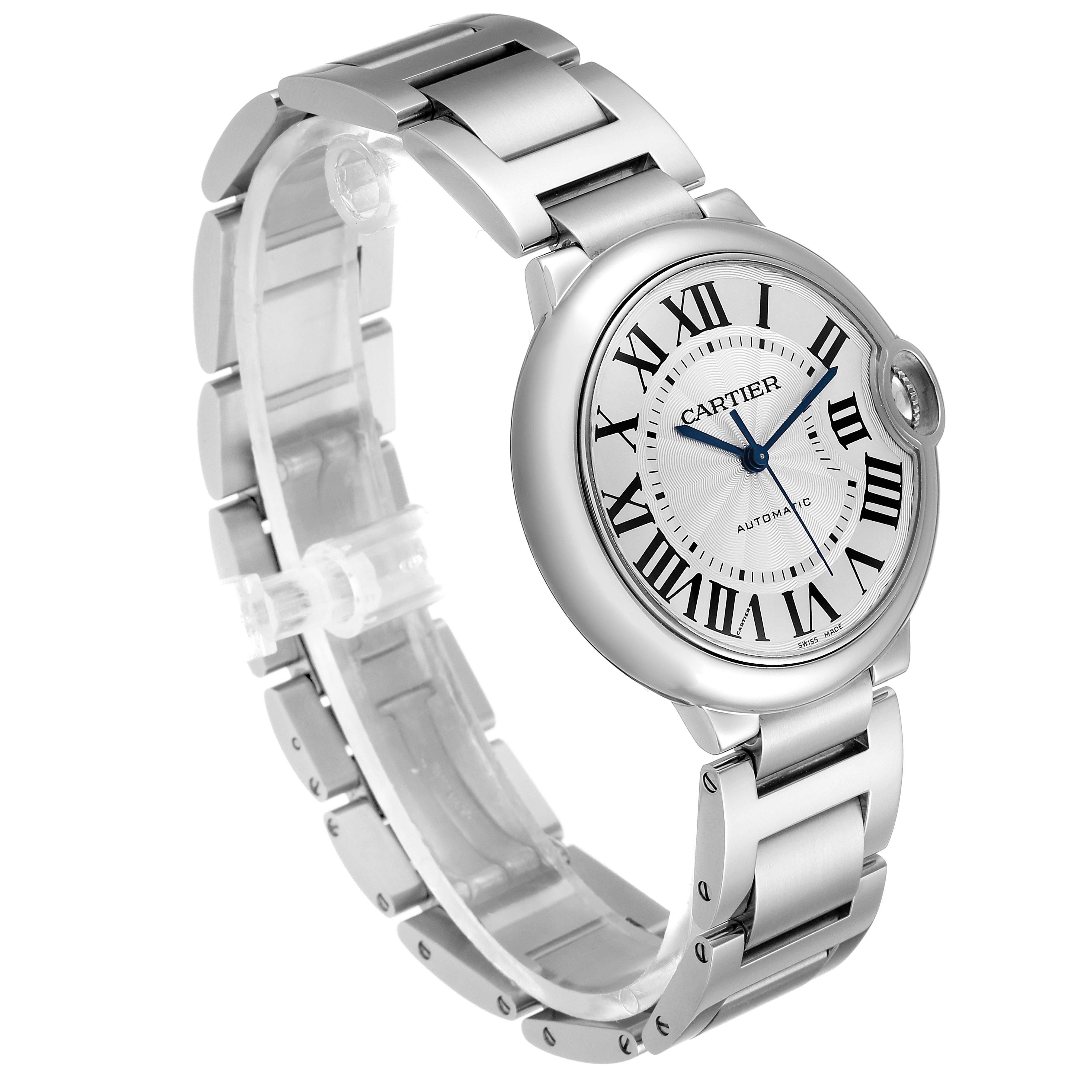 This image shows a side angle of the Cartier Ballon Bleu W6920046 Women's Stainless Steel Silver Dial W6920046 Women's Stainless Steel Silver Dial watch, displaying its metal bracelet and round face with Roman numerals.