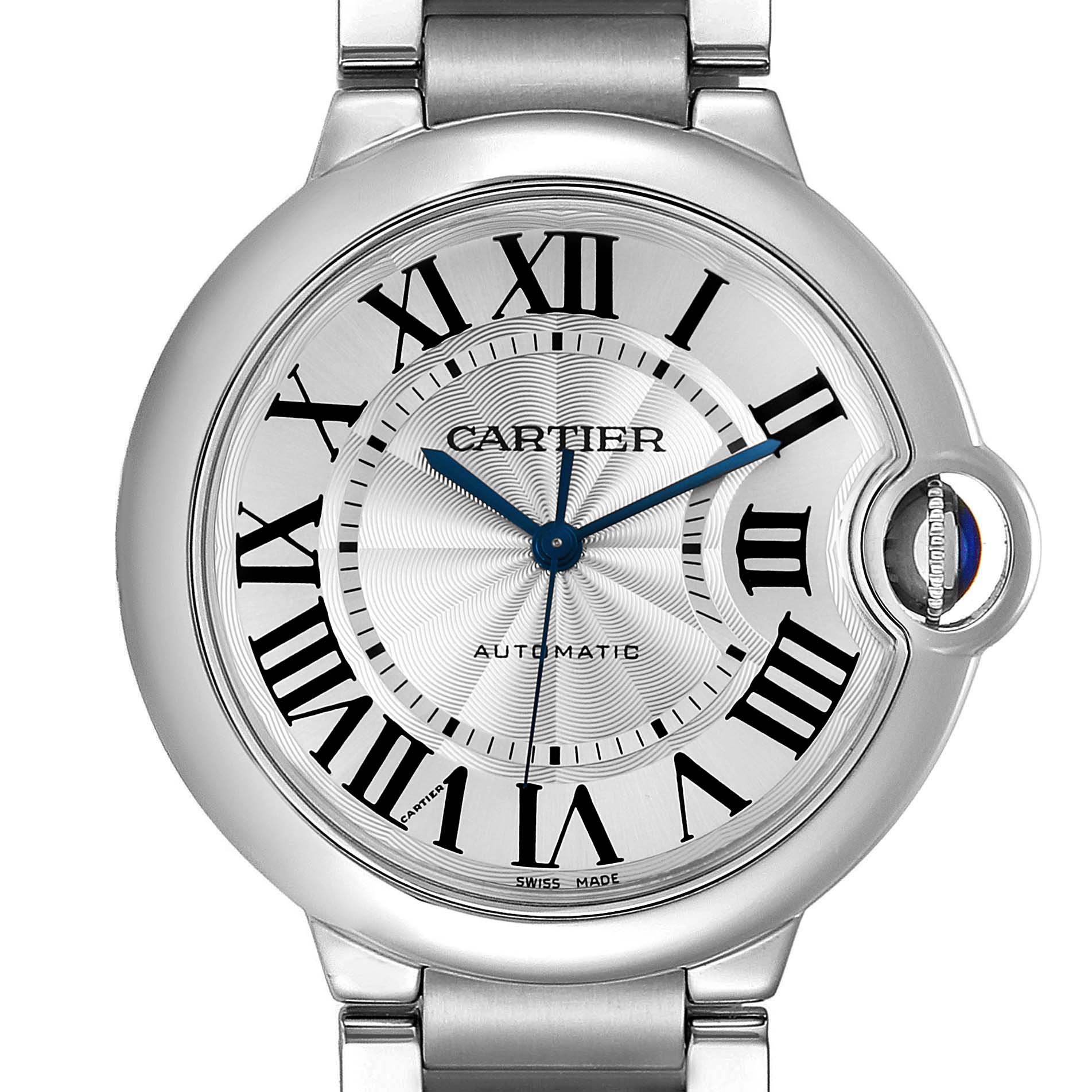 This is a close-up of the Cartier Ballon Bleu W6920046 Women's Stainless Steel Silver Dial W6920046 Women's Stainless Steel Silver Dial watch, showing the face with Roman numerals and part of the metal strap.