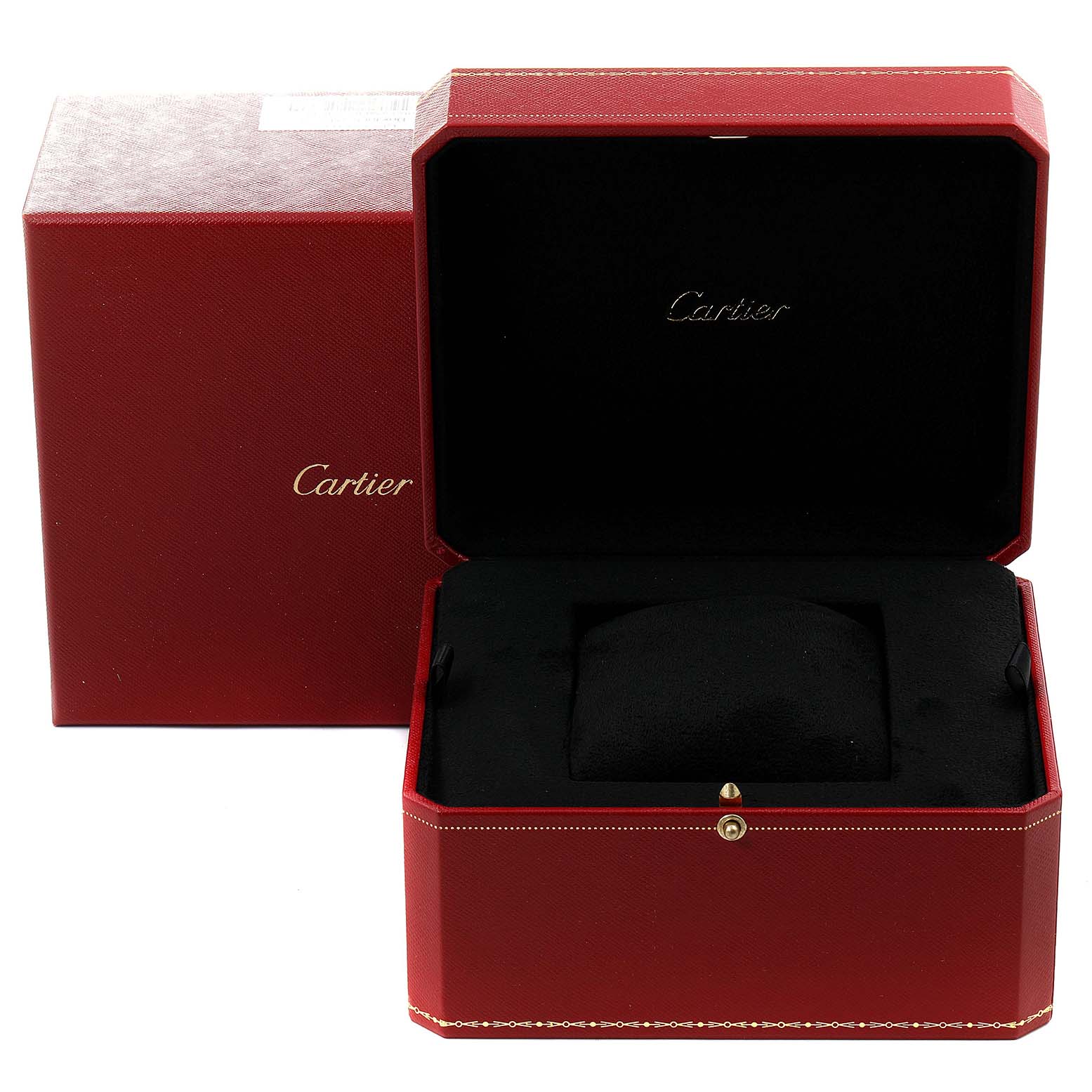 The image shows a red Cartier Ballon Bleu W6920046 Women's Stainless Steel Silver Dial W6920046 Women's Stainless Steel Silver Dial model watch box, open to reveal the inside cushion and package.