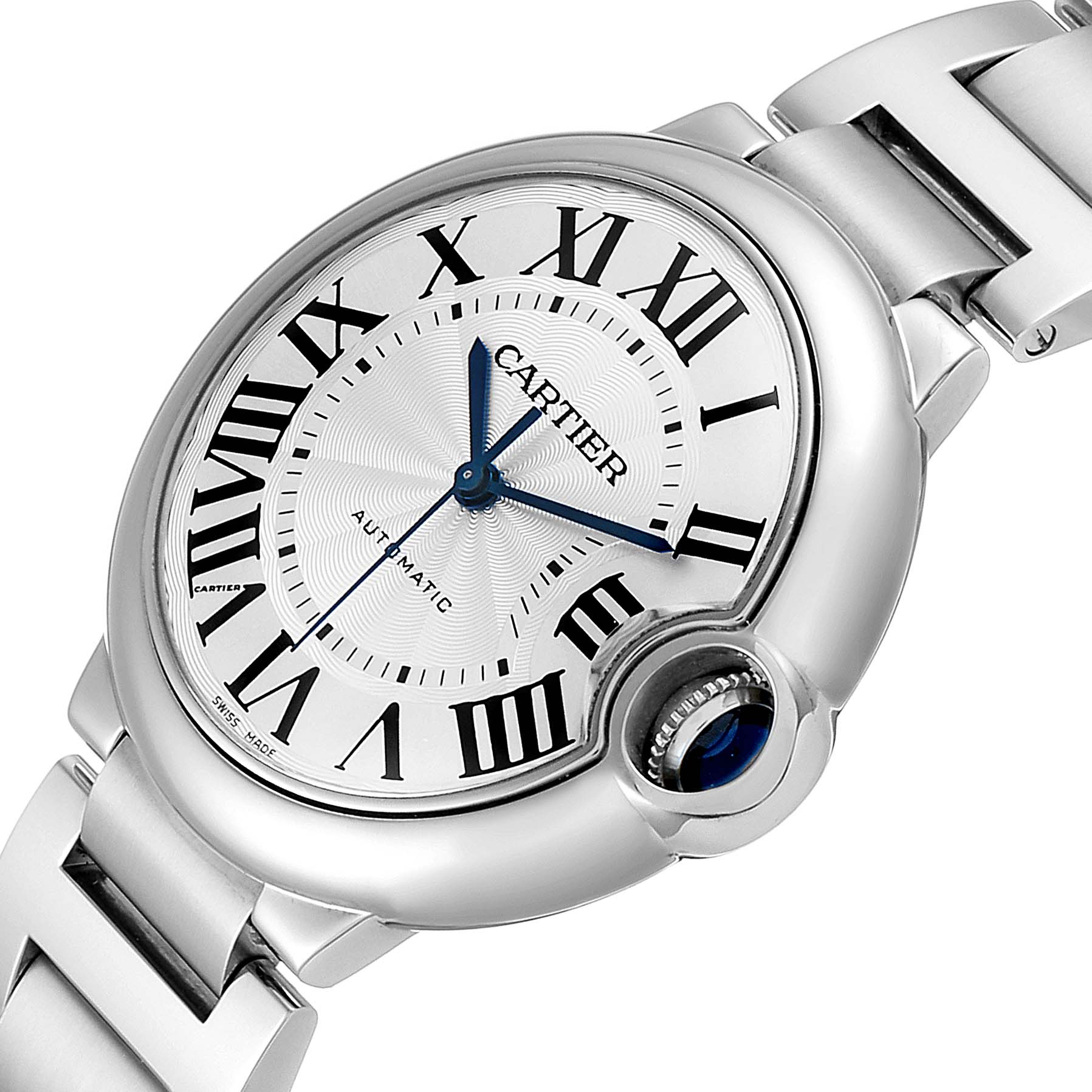 The image shows a close-up angled view of a Cartier Ballon Bleu W6920046 Women's Stainless Steel Silver Dial W6920046 Women's Stainless Steel Silver Dial watch, highlighting the dial, bracelet, and sapphire cabochon crown.